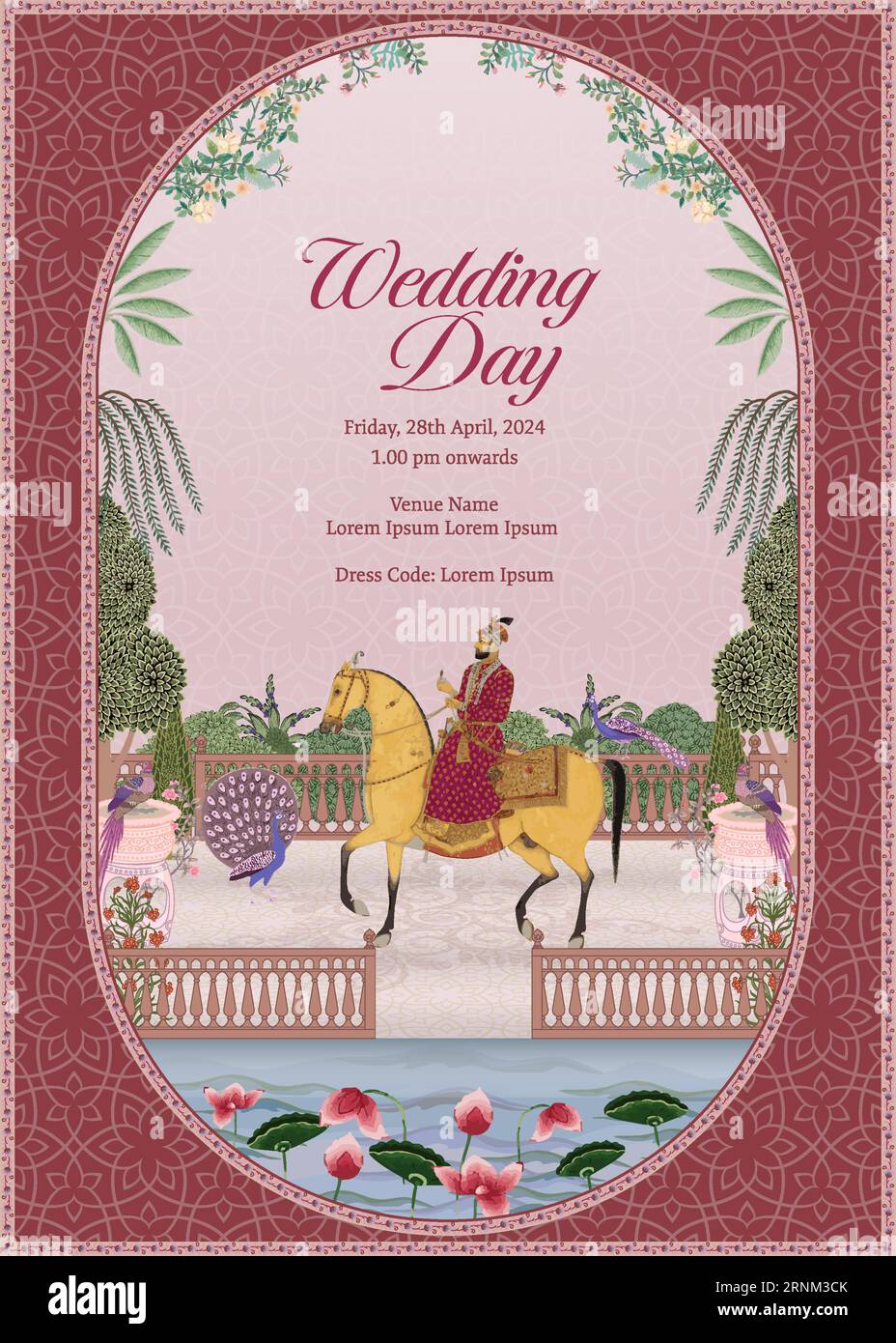 Motif carte de mariage moghol indien traditionnel. Carte d'invitation pour l'illustration vectorielle d'impression de jour de mariage. Illustration de Vecteur