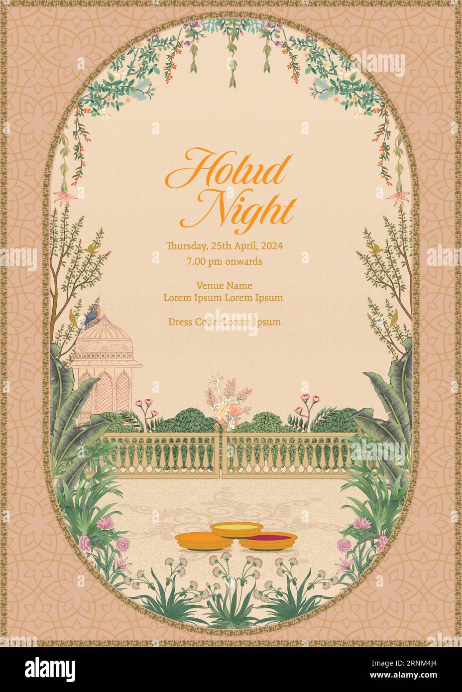 Mariage moghol indien traditionnel Holud Night invitation Card Design Illustration vectorielle. Illustration de Vecteur
