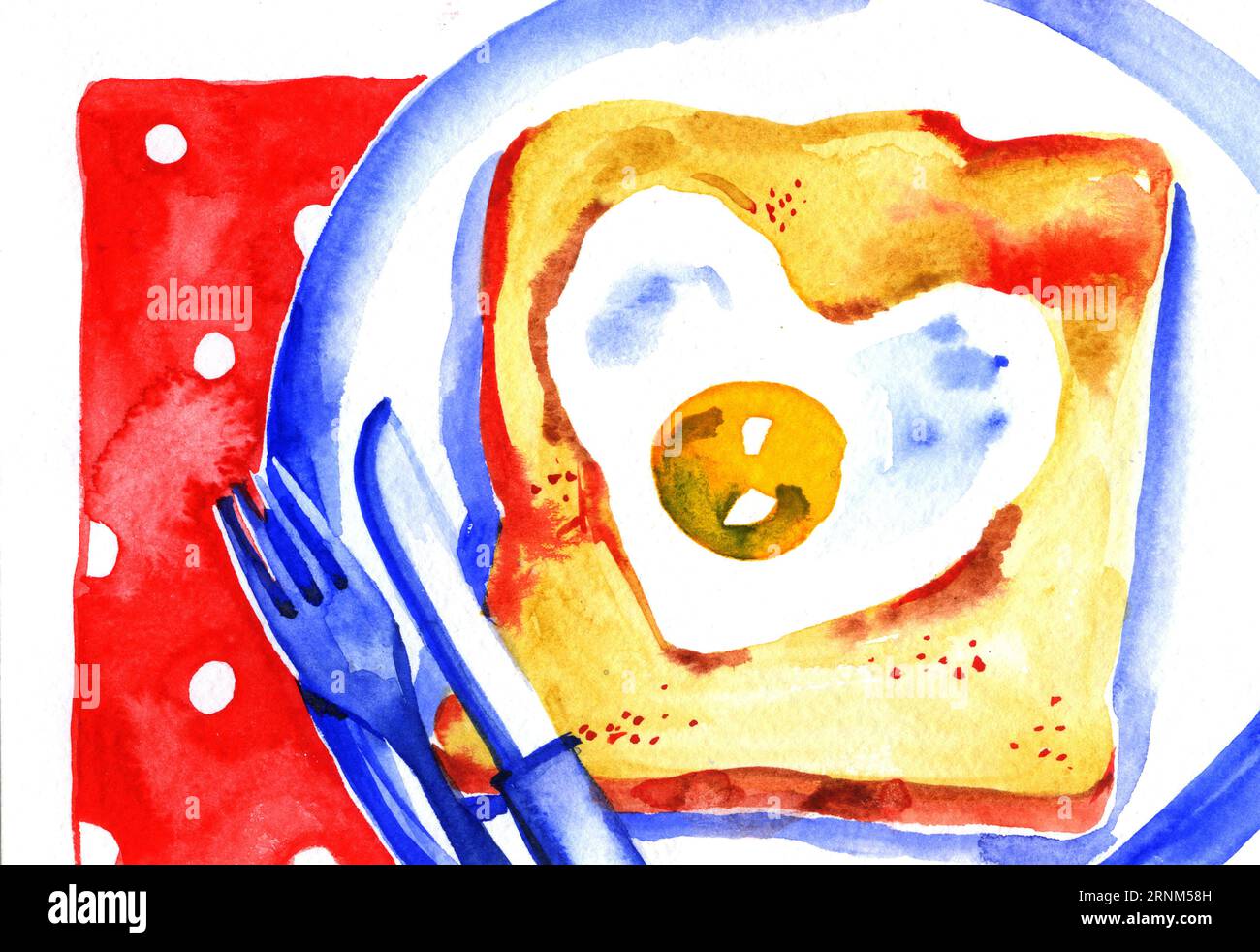 Petit déjeuner toast peint à l'aquarelle avec des œufs brouillés Banque D'Images