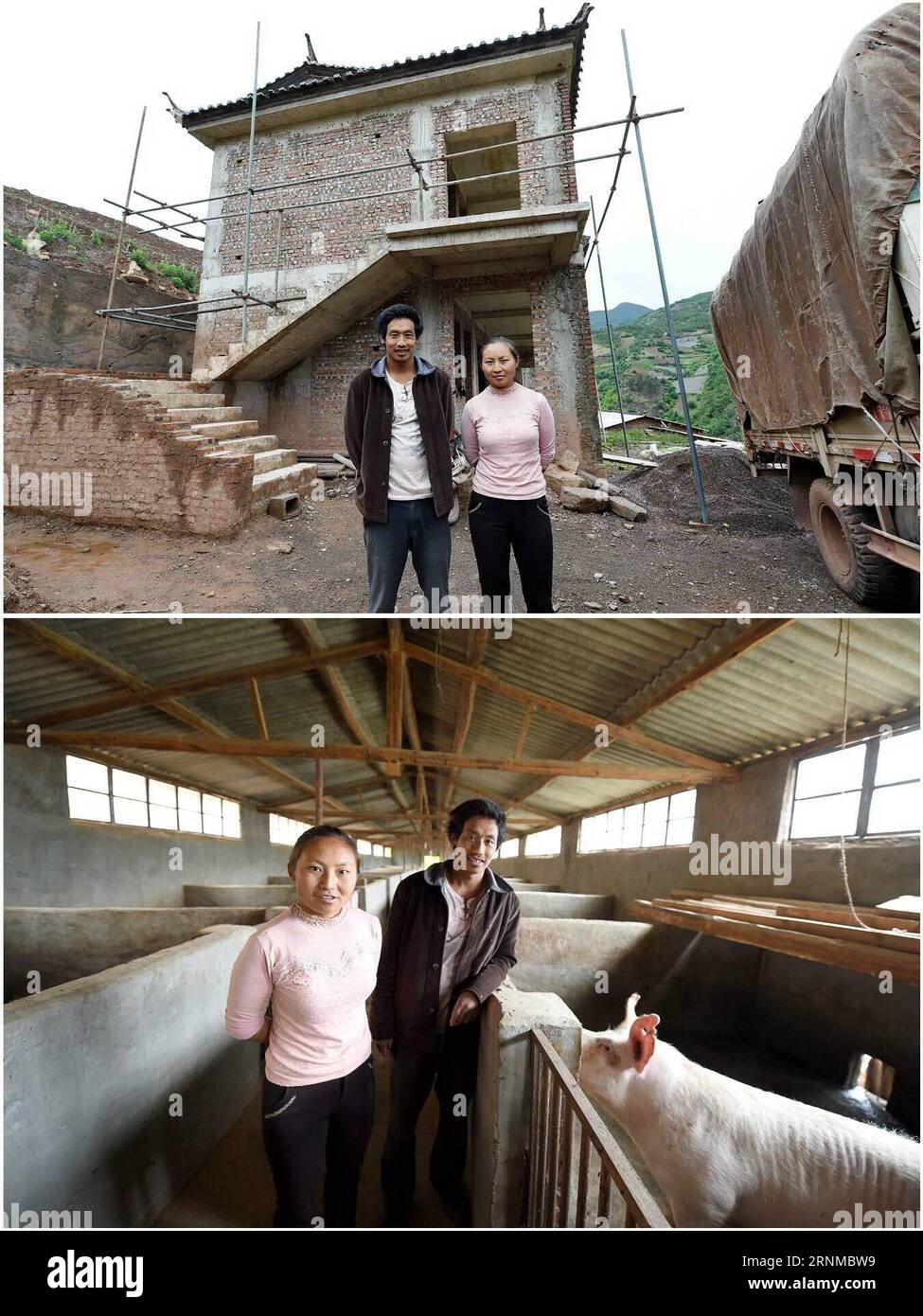 (170521) -- YUNLONG, 21 mai 2017 -- une photo combinée prise le 17 mai 2017 montre Yang Luju avec sa femme Duan Runyu devant leur maison en construction (en haut) et dans leur élevage porcin (en bas) dans le village de Longzitang du comté de Yunlong, dans la province du Yunnan au sud-ouest de la Chine. La famille de trois membres de Yang, élevant plus de 80 porcs maintenant, a obtenu un revenu net de plus de 180 000 yuans (26 200 dollars américains) en 2016. Pour améliorer les conditions de vie et les revenus des villageois frappés par la pauvreté, principalement du groupe ethnique Bai vivant de l'agriculture dans les montagnes, le gouvernement local a fondé la coopérative d'élevage de porcs en 2013 dans le cadre du sup Banque D'Images
