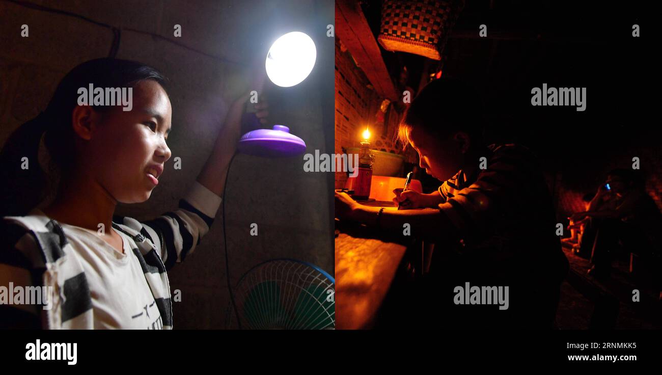 (170602) -- NANNING, 2 juin 2017 -- la photo combinée montre Wei Xiaomei, 14 ans, utilisant une lampe électrique le 13 mai 2017 (L) et le frère de Wei Wei Fuxi utilisant une lampe à huile à la maison le 14 mai 2010 dans le village de Haokun du comté de Lingyun, dans la région autonome de Guangxi Zhuang du sud de la Chine. Les enfants vivant dans la région montagneuse pauvre du Guangxi ont vu leur vie redevenir flambant neuve au cours des sept dernières années, leurs besoins essentiels pour la vie et l'école satisfaits grâce aux efforts de réduction de la pauvreté déployés par les autorités locales. Les routes rurales lisses et le déjeuner scolaire nutritif sont devenus de nouveaux souvenirs d'enfant Banque D'Images