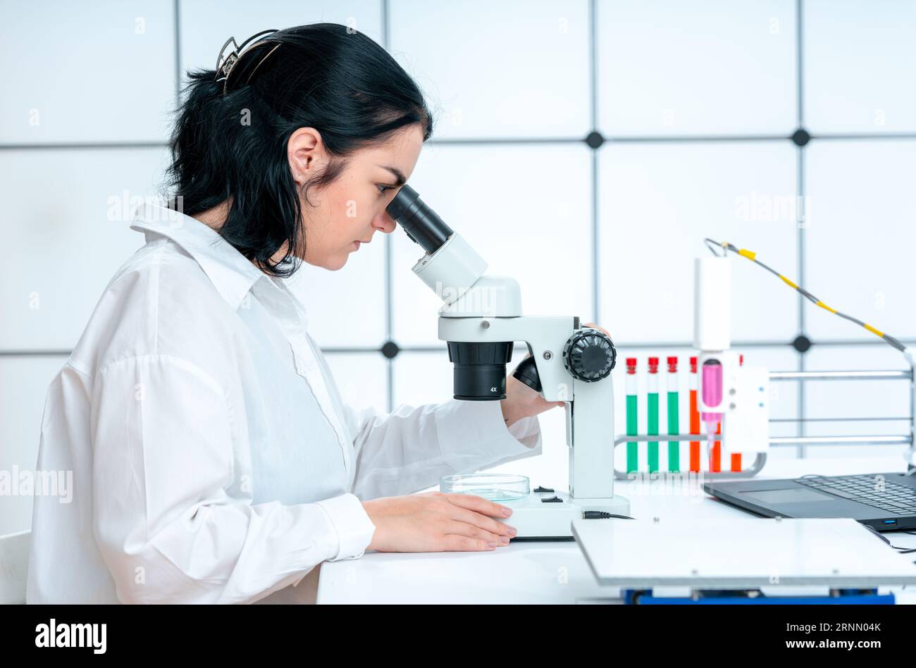 jeune femme assistante de laboratoire dans le laboratoire de bio-impression étudiant l'échantillon imprimé Banque D'Images