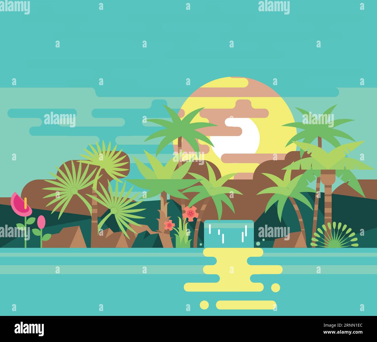 Paysage tropical stylisé avec palmiers et cascade Illustration de Vecteur