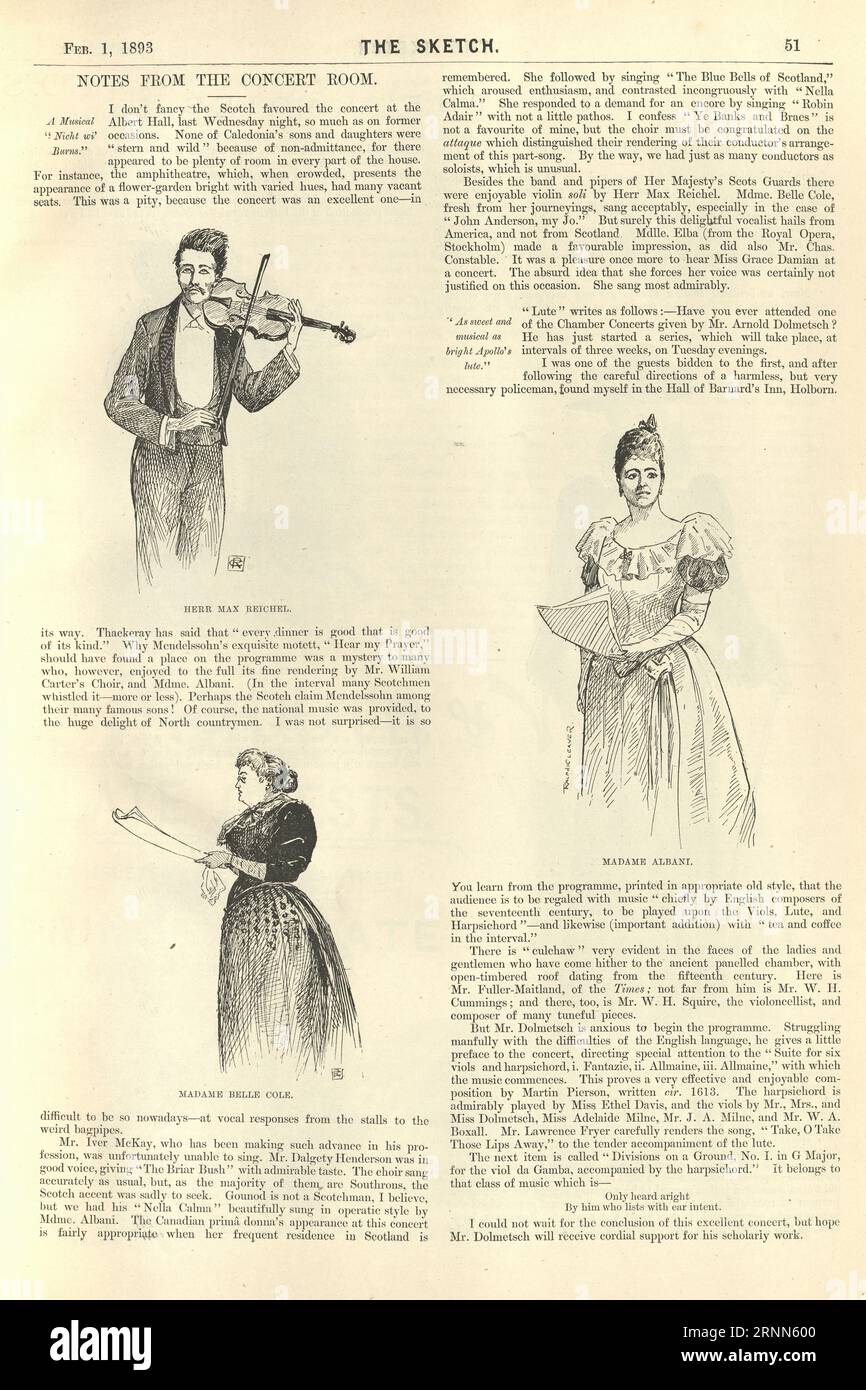 Notes de la salle de concert, Max Reichel, violoniste, Madame Emma Albani, soprano coloratura, belle Cole, chanteuse d'opéra contralto, années 1890 Banque D'Images