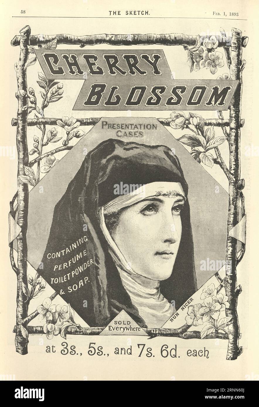 Vintage Victorian Advet pour Cherry Blossom, parfum, poudre de toilette et savon, Nun, années 1890, 19e siècle Banque D'Images