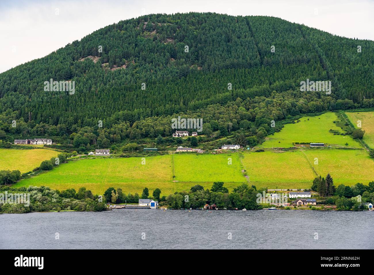 Montagnes entourant le Loch Ness avec des chalets et des moutons paissant tranquillement, Écosse, Royaume-Uni. Banque D'Images