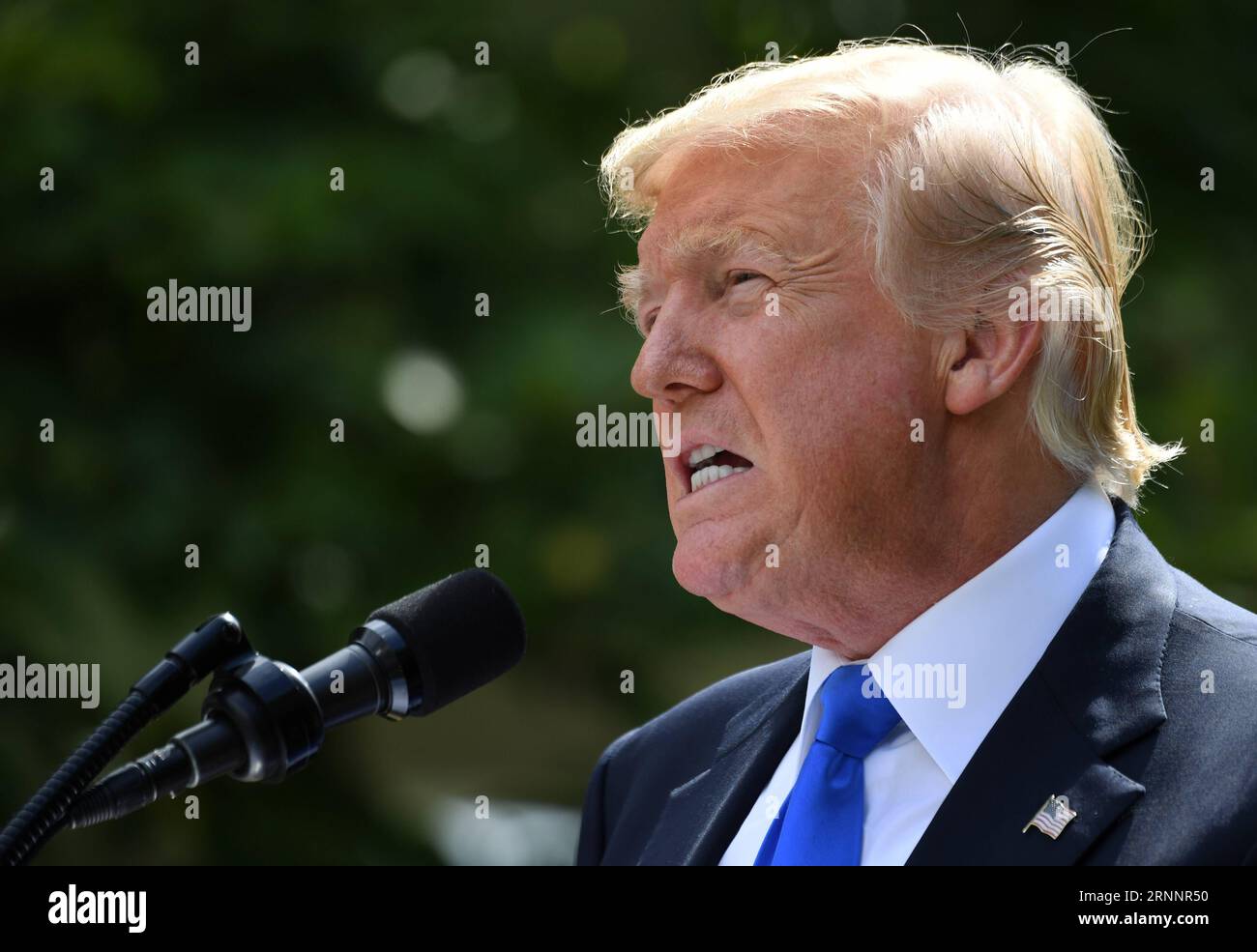 Trump BEI PK mit Saad Hairi (170725) -- WASHINGTON, 25 juillet 2017 -- le président américain Donald Trump s'exprime lors d'une conférence de presse conjointe avec le Premier ministre libanais Saad Hariri (absent de la photo) à la Maison Blanche à Washington D.C., aux États-Unis, le 25 juillet 2017. Le président américain Donald Trump a déclaré lors de la conférence de presse conjointe mardi qu'il ne voulait pas laisser le président syrien Bachar al-Assad s'en tirer avec les actions horribles qu'il a faites. États-Unis-WASHINGTON D.C.-TRUMP-SYRIA-ASSAD YinxBogu PUBLICATIONxNOTxINxCHN Trump à la conférence de presse avec Saad Washington juillet 25 2017 le président de l'U S Banque D'Images