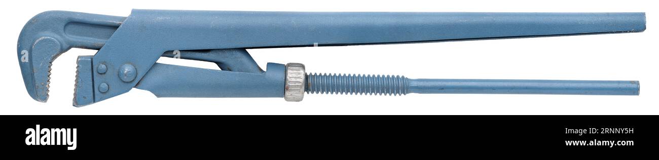 Vieille clé à tuyau bleue, outil de plombier, isolé sur fond blanc Banque D'Images