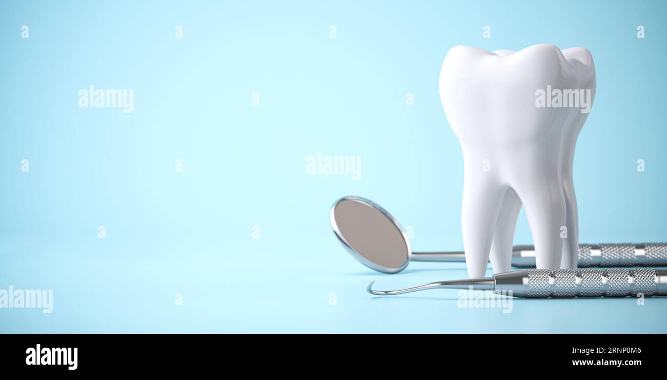 Dent et outils dentaires sur fond bleu. Soins dentaires, traitements et antécédents en santé bucco-dentaire. illustration 3d. Banque D'Images