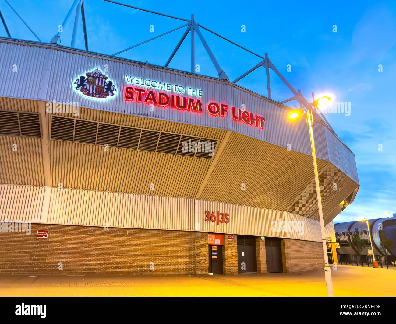 Le stade de la lumière au crépuscule, Vaux façon Brasserie, bergeries, Sunderland, Tyne et Wear, Angleterre, Royaume-Uni Banque D'Images