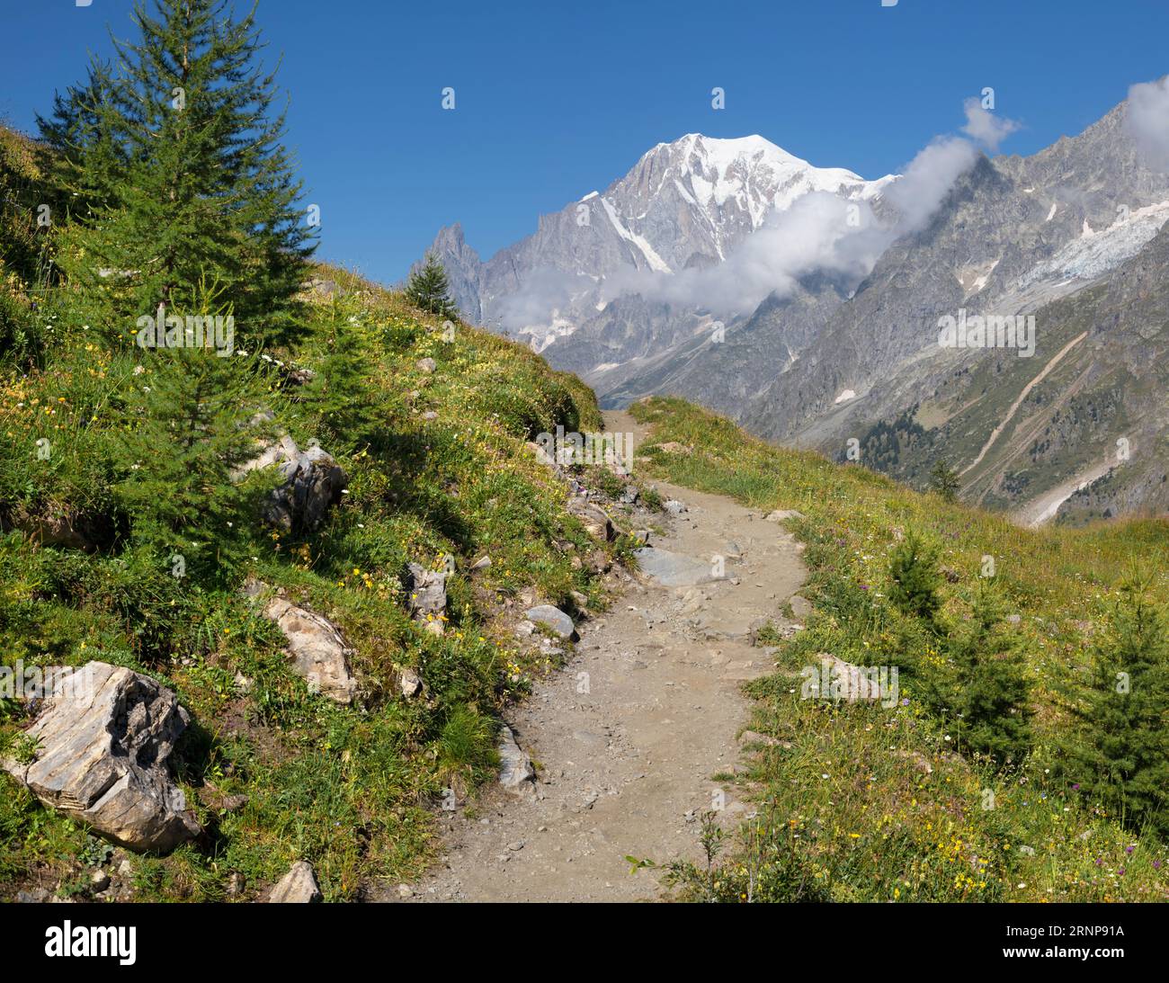 Le massif du Mont blanc de la vallée du Val Ferret en Italie. Banque D'Images