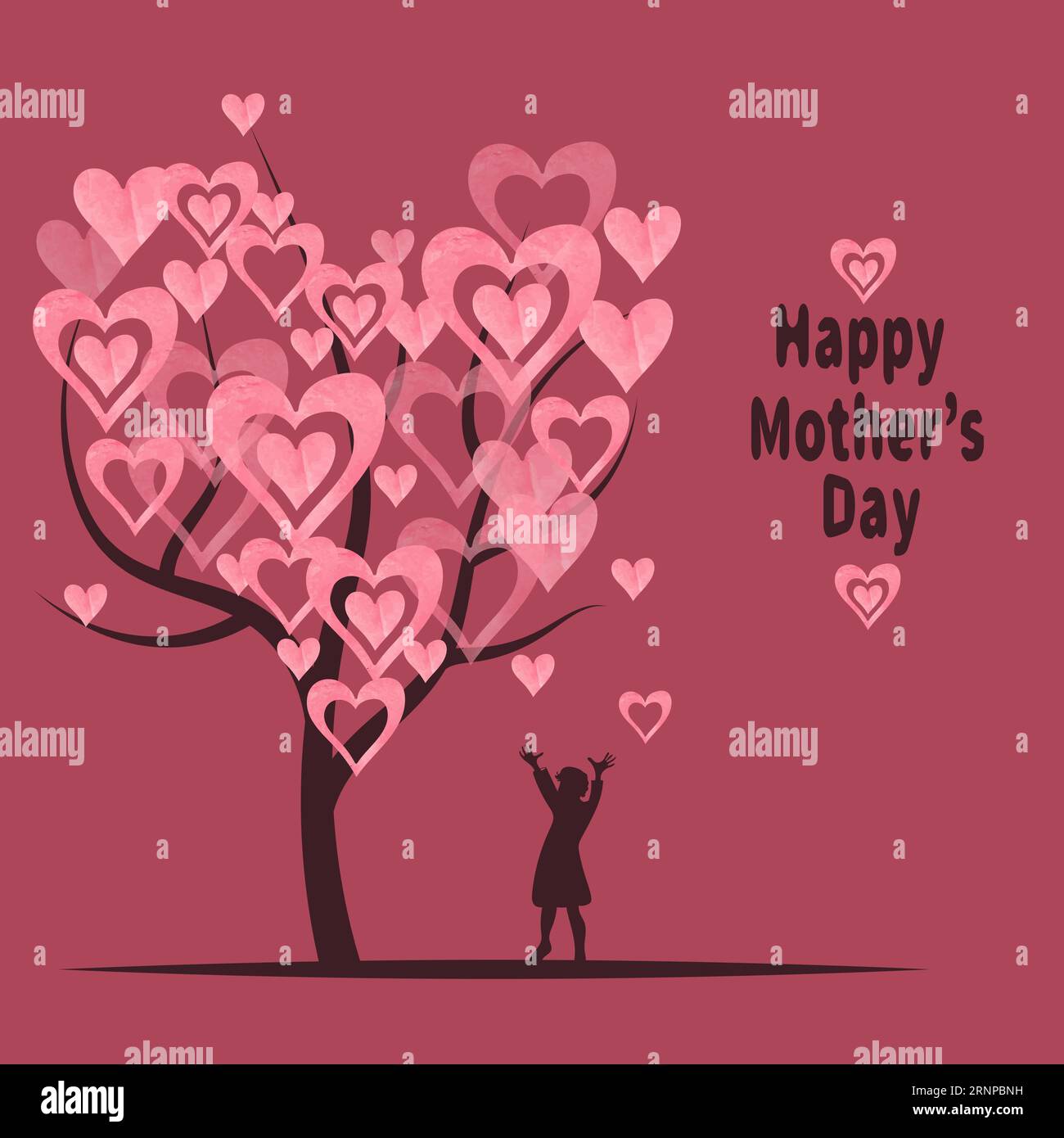 Motif carte de voeux bonne fête des mères. Arbre abstrait avec coeurs aquarelle comme feuilles et petite fille Illustration de Vecteur