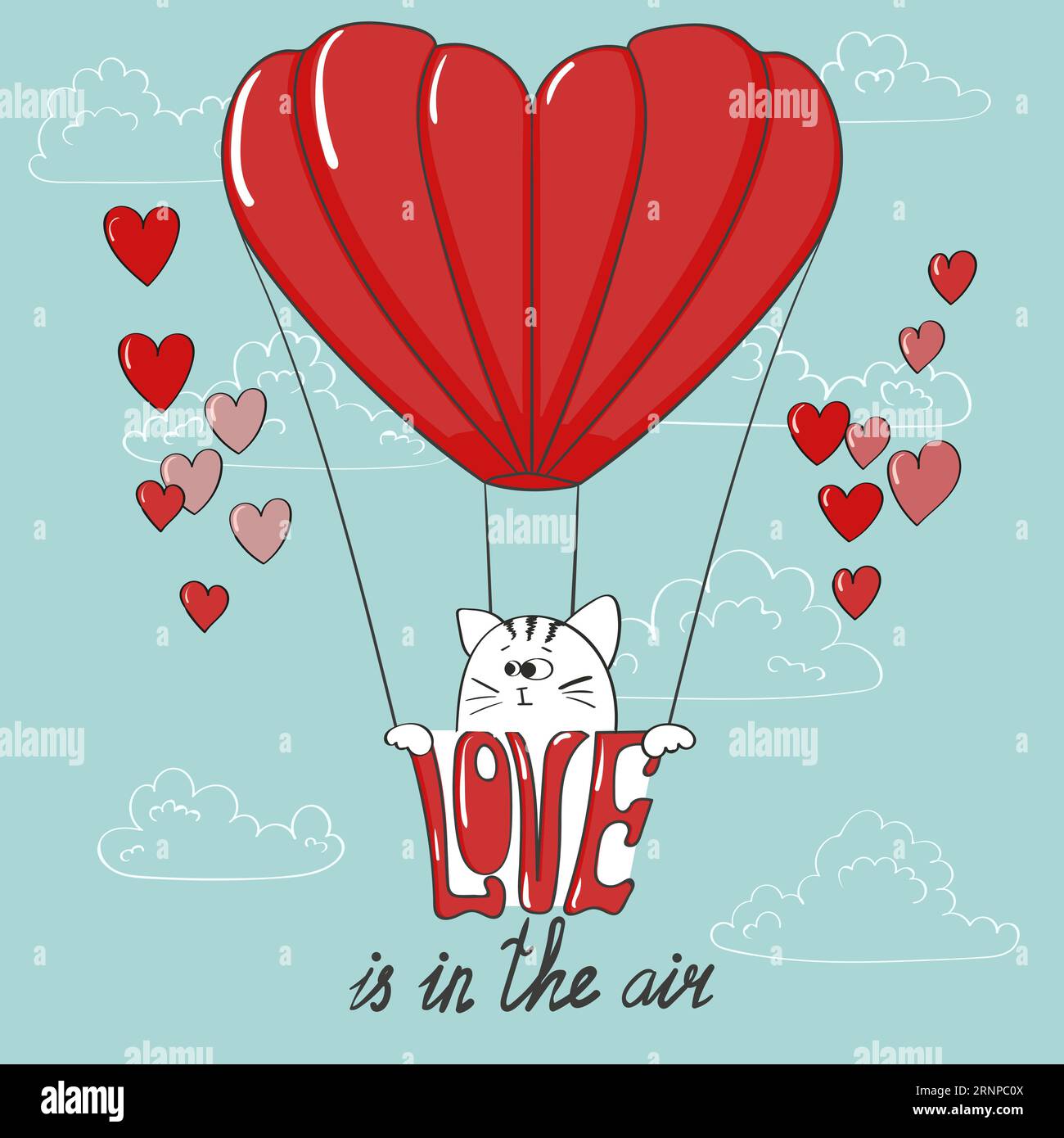 L'amour est dans l'air. Chat mignon de dessin animé et le ballon d'air. Fond d'amour. Motif Saint-Valentin Illustration de Vecteur