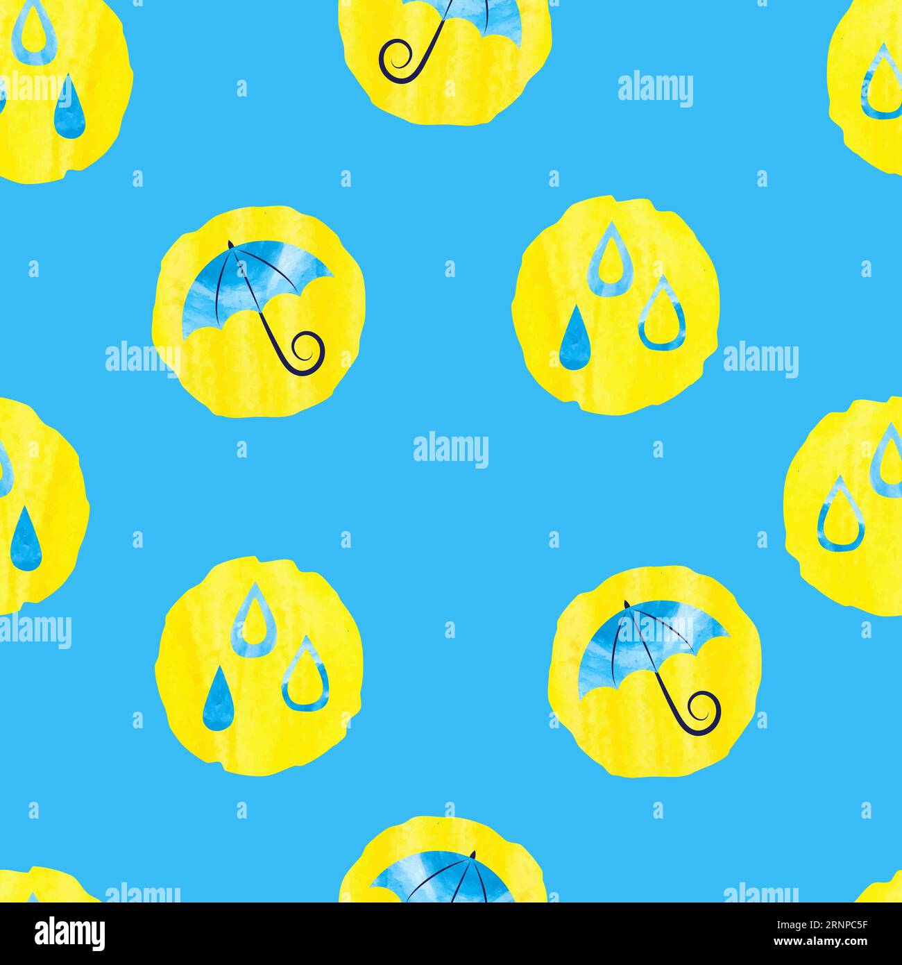 Fond pluvieux dans les couleurs bleu et jaune. Motif sans couture météo avec des cercles à motifs. Gouttes de pluie et parapluies Illustration de Vecteur