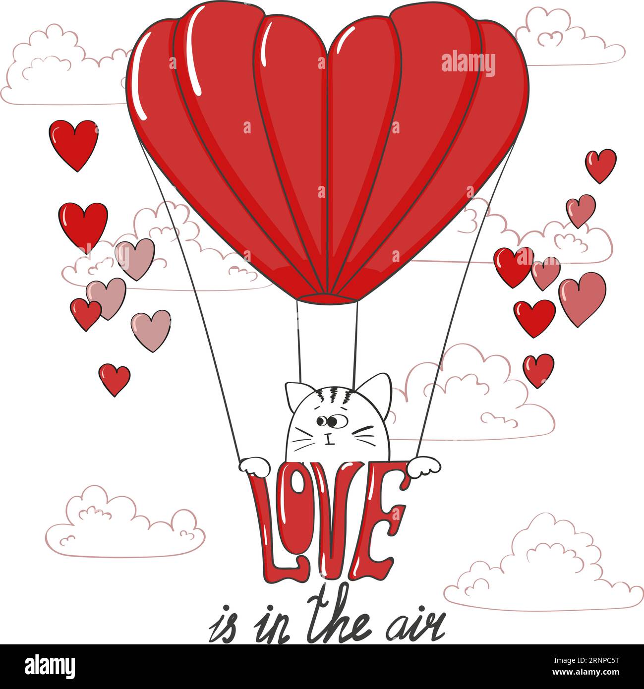 Fond d'amour. Chat mignon dans un ballon d'air. L'amour est dans l'air - lettrage. Illustration vectorielle romantique. Motif Saint-Valentin Illustration de Vecteur