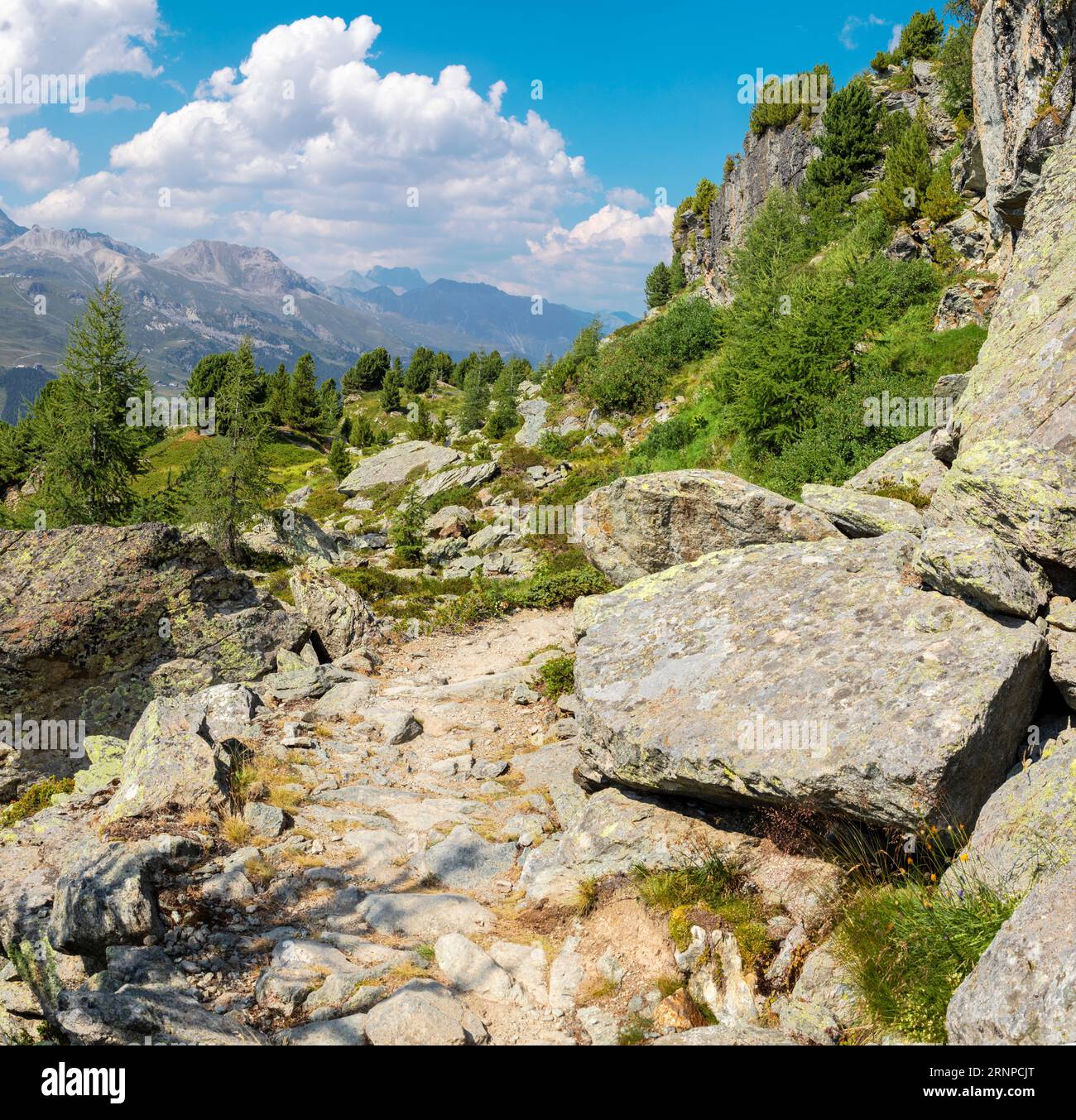 Suisse - la descente vers la vallée de l'Engadine Banque D'Images