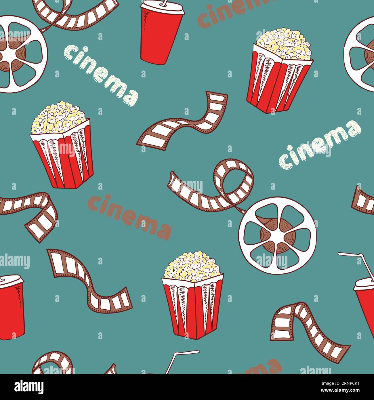 Title Cinema Seamless pattern. Symboles de cinéma lumineux - pop-corn, bobine de film et bande - isolé sur bleu. Arrière-plan vectoriel Illustration de Vecteur