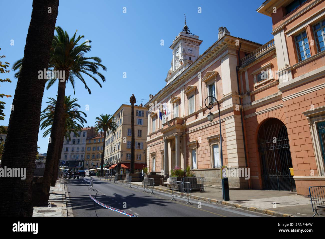 L'hôtel de ville d'Ajaccio encadrée de feuilles de palmiers. Ajaccio est la capitale de l'île de Corse du Sud, France. Banque D'Images