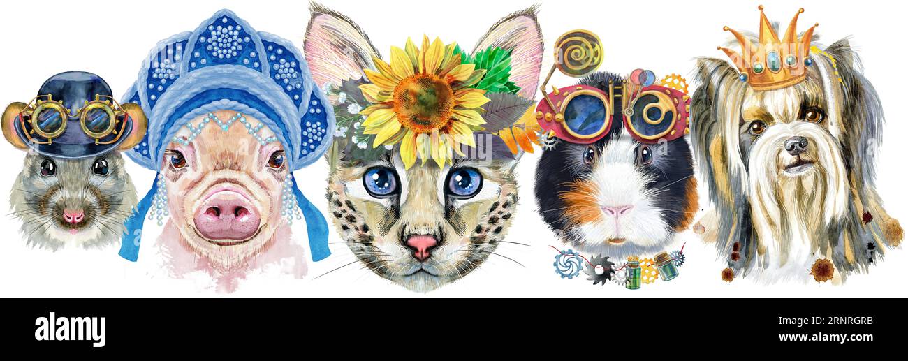 Bordure pour animaux de compagnie. Dessin aquarelle peint à la main, isoler clip art sur fond blanc. Conception de bannière Banque D'Images