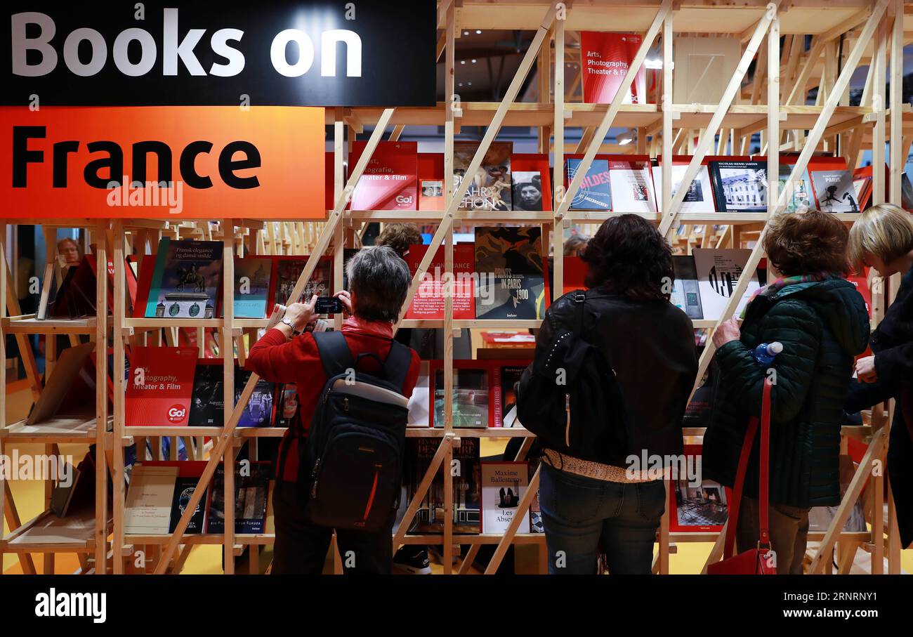 (171011) -- FRANCFORT, le 11 octobre 2017 -- les gens visitent la 69e Foire du livre de Francfort à Francfort, Allemagne, le 11 octobre 2017. La 69e Foire du livre de Francfort a ouvert ses portes mercredi aux représentants de l'industrie et de la presse. Vendredi, le plus grand salon mondial du livre sera ouvert au grand public. )(rh) ALLEMAGNE-FRANCFORT-SALON DU LIVRE LuoxHuanhuan PUBLICATIONxNOTxINxCHN Banque D'Images