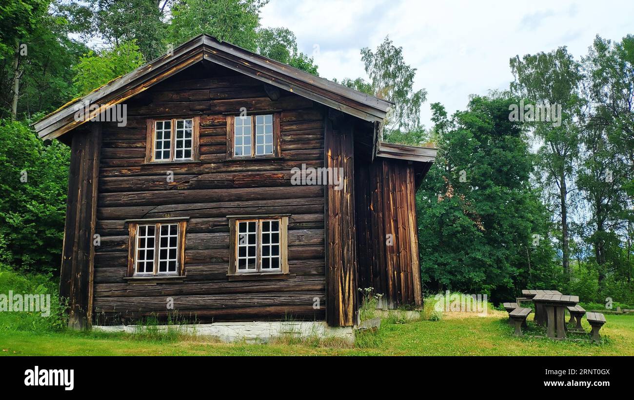 Bâtiment historique, Telemark, Norvège. Prairie, herbe, ciel bleu, village Banque D'Images