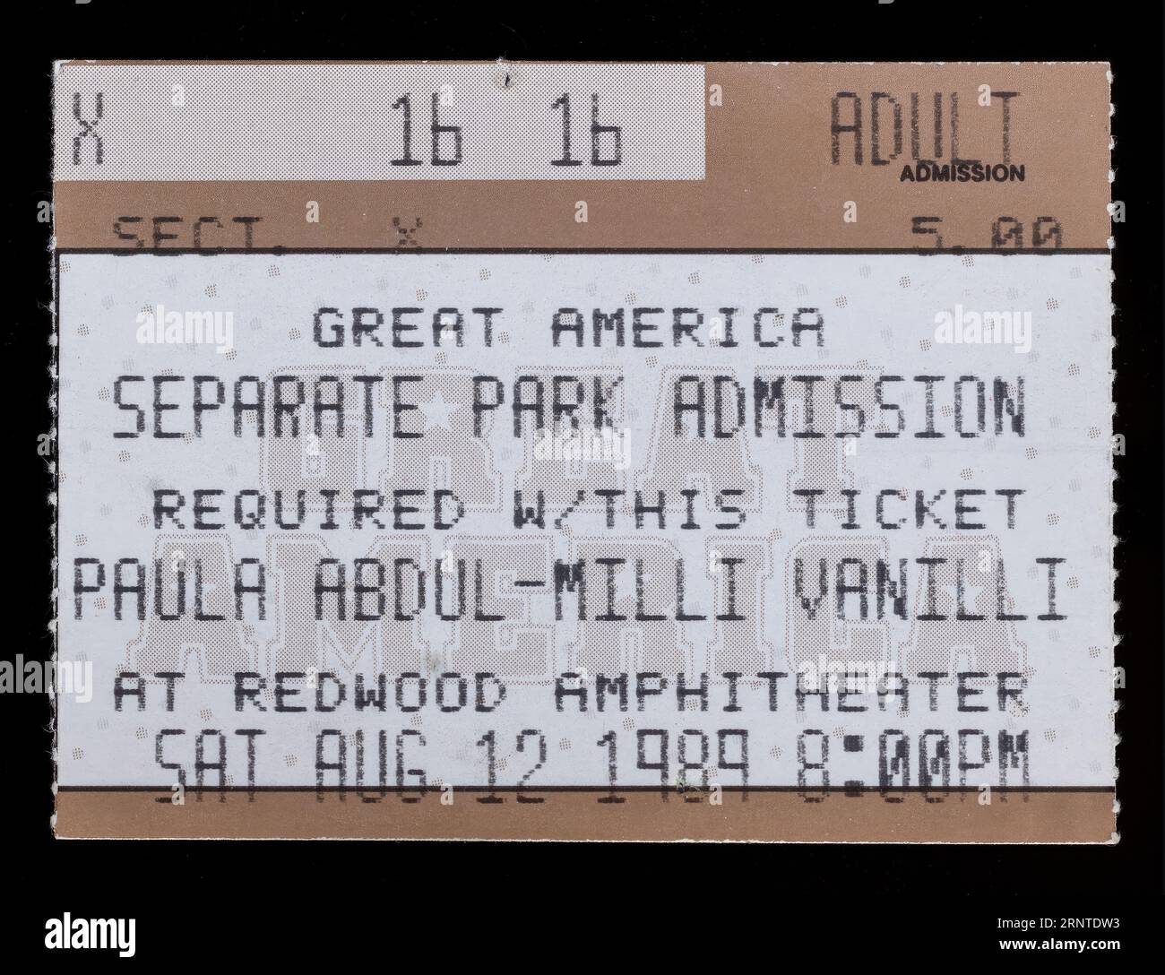 Santa Clara, Californie - 12 août 1989 - ancien talon de billet utilisé pour le concert Paula Abdul - Milli Vanilli à l'amphithéâtre Redwood Banque D'Images