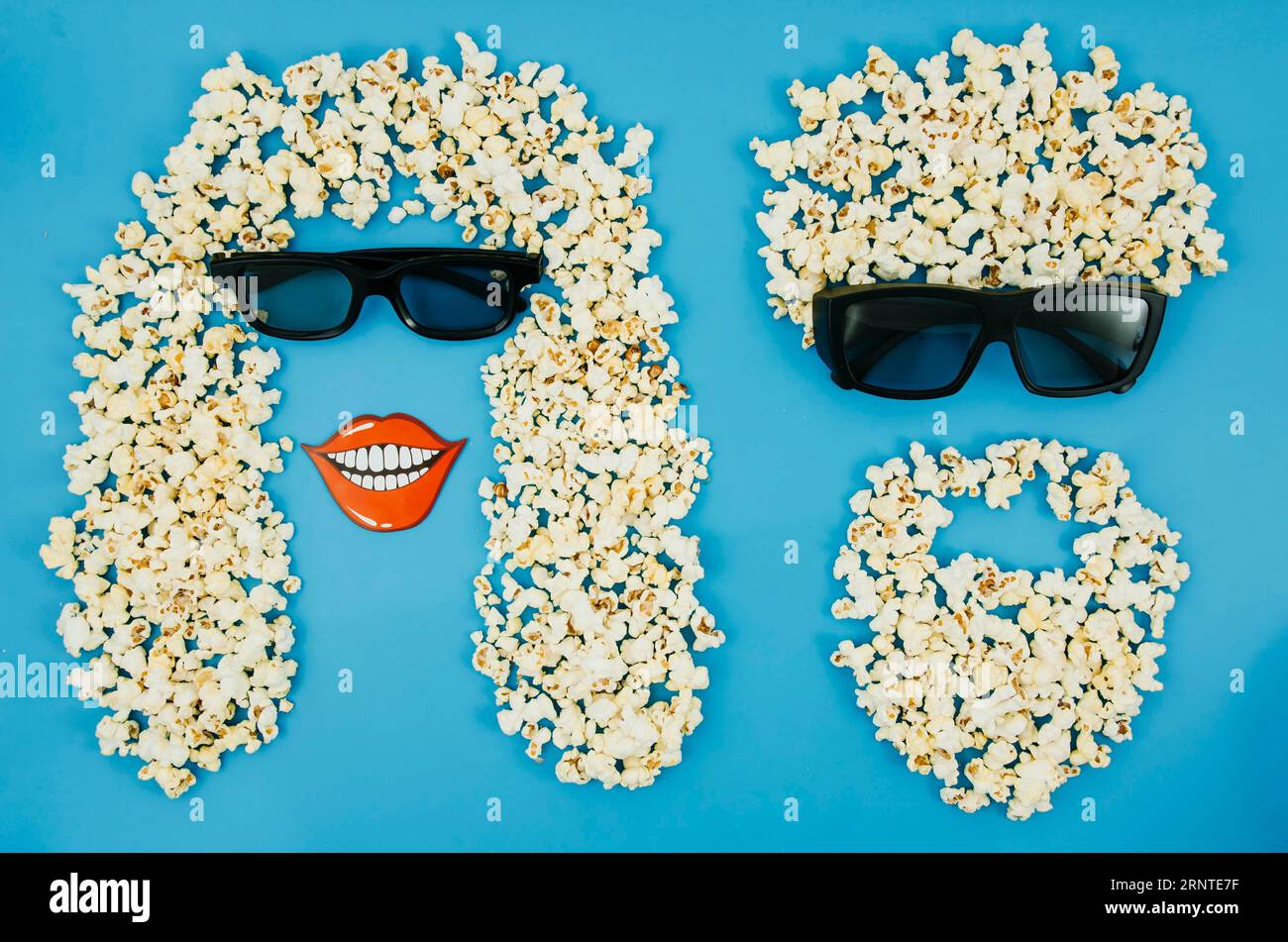 Flat lay popcorn 3d Glasses concept de cinéma Banque D'Images