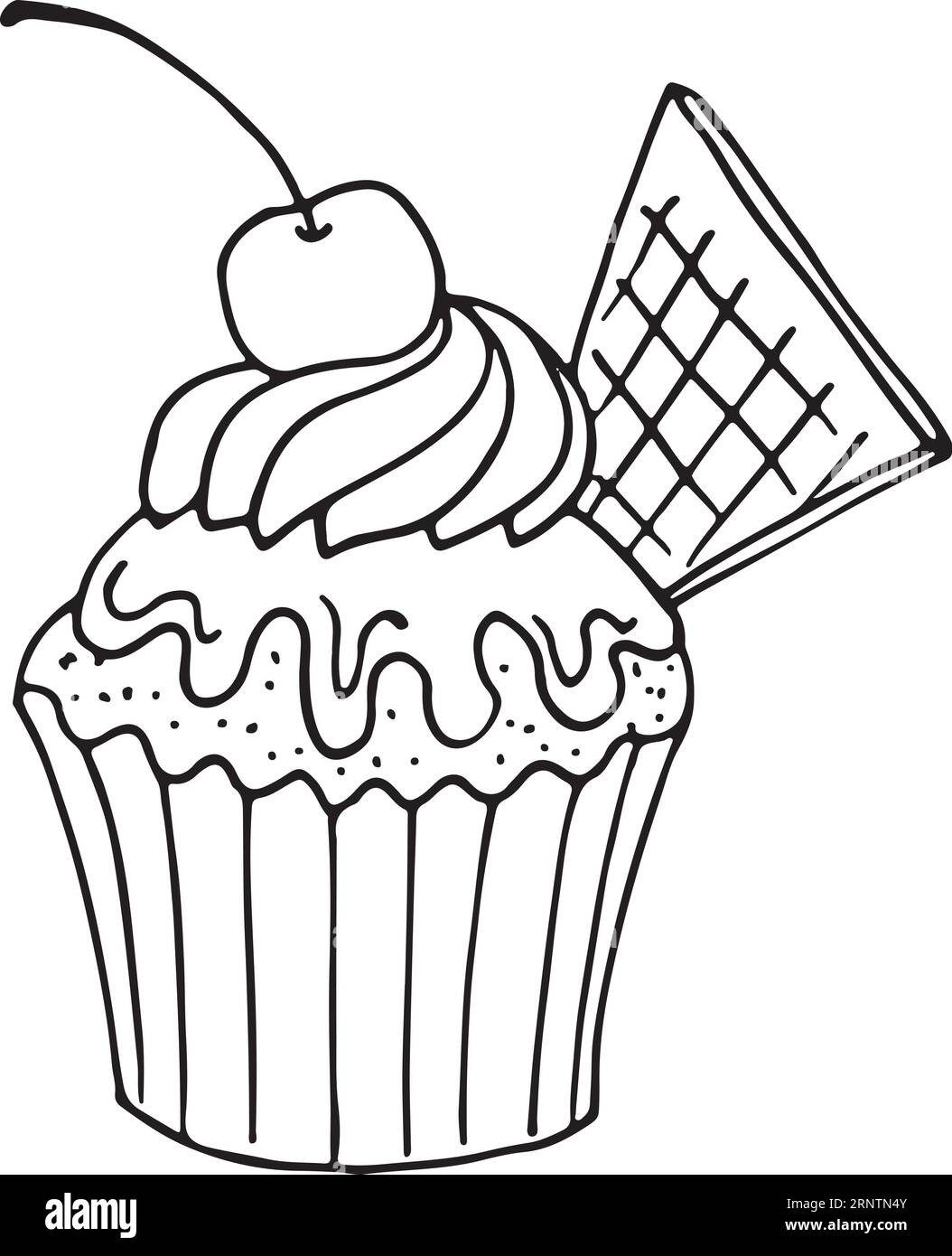 Doodle cupcake à la cerise. Croquis de muffin à la crème douce Illustration de Vecteur