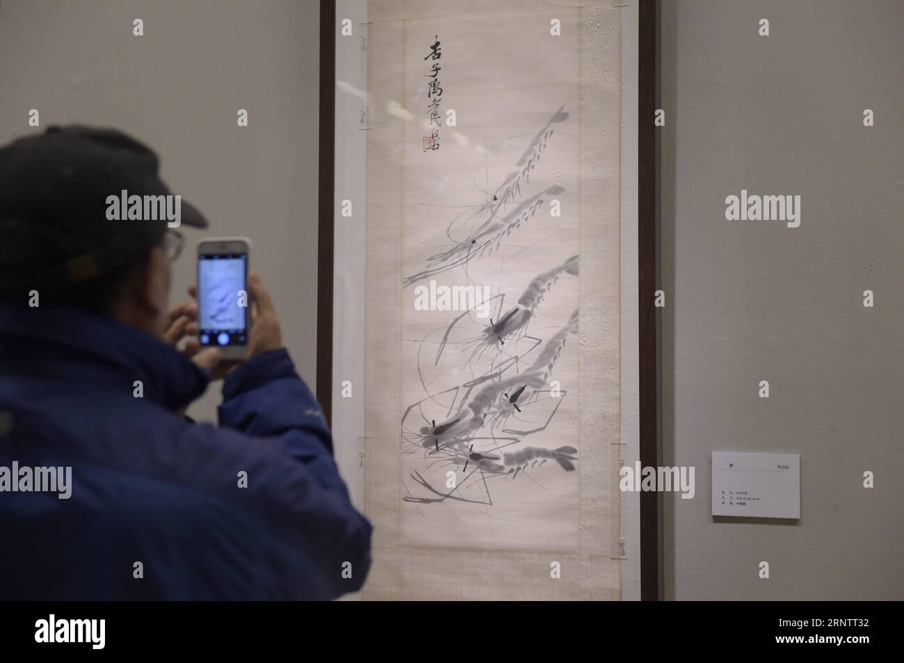 (171118) -- BEIJING, 18 novembre 2017 -- Un visiteur prend des photos d'une œuvre de Qi Baishi lors d'une exposition sous le thème de la beauté dans la nouvelle ère au Musée national d'art de Chine (NAMOC) à Beijing, capitale de la Chine, le 17 novembre 2017. Plus de 200 œuvres de maîtres célèbres des temps modernes recueillies par le NAMOC ont été exposées lors de l'exposition de 10 jours inaugurée le 17 novembre. (wsw) CHINA-BEIJING-ART EXHIBITION (CN) LuxPeng PUBLICATIONxNOTxINxCHN Banque D'Images
