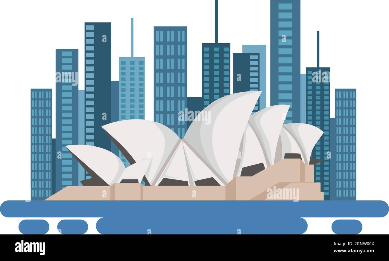 Icône du dessin animé de Sydney. Bâtiment d'opéra sur fond de paysage urbain Illustration de Vecteur