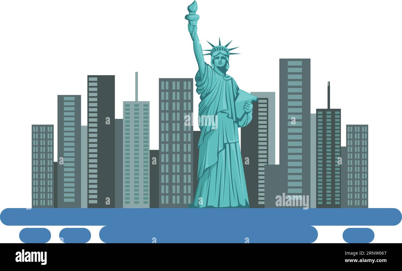 Icône de New York. Statue de dessin animé et gratte-ciel Illustration de Vecteur