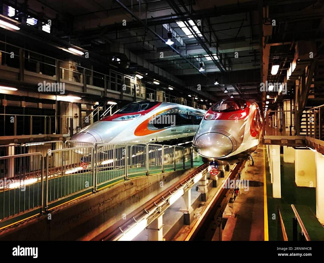 (171221) -- PÉKIN, 21 décembre 2017 -- une photo prise le 2 août 2017 montre des trains à grande vitesse sur le parking de Hong Kong, dans le sud de la Chine. La section Hong Kong de la liaison ferroviaire express Guangzhou-Shenzhen-Hong Kong devrait être achevée en 2018. Du Guangdong à Hong Kong et Macao, les gens peuvent-ils travailler dans une ville et dormir dans une autre ? Avec l'aide de la connectivité de l'infrastructure, il devient possible d'établir un cercle d'une heure dans la région de la Grande Baie dans un proche avenir. La région de la Grande Baie Guangdong-Hong Kong-Macao, en tant que groupe de villes regroupant une population totale de 66 millions d'habitants dans le sud Banque D'Images