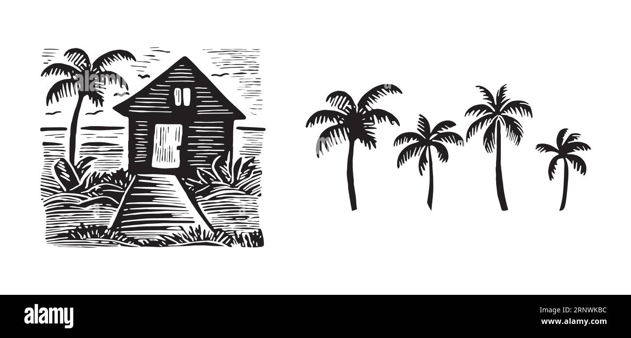 Groupe de maisons de plage fantaisistes pour l'illustration vectorielle de concept de voyage. Ensemble d'objets de vacances tropicaux imprimés cabanes côtières. Illustration de Vecteur