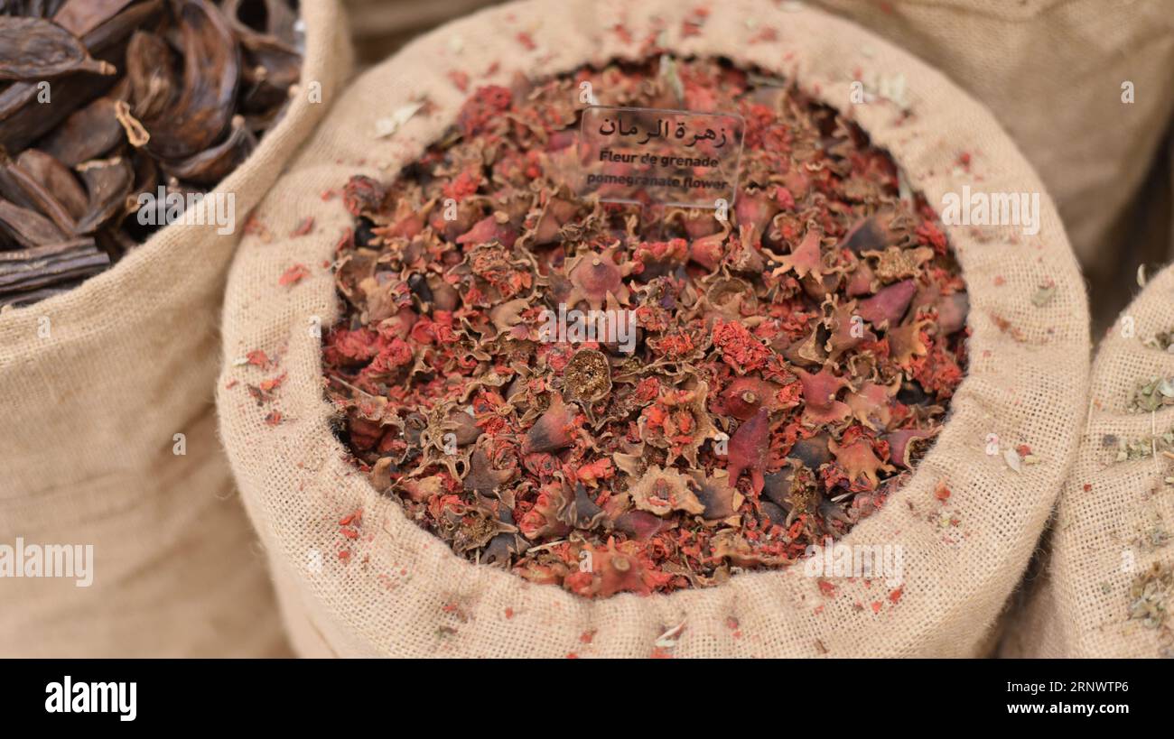 Marrakech, Maroc - 8 février 2023 : fleurs séchées de grenade. Musée des Arts culinaires marocains Banque D'Images
