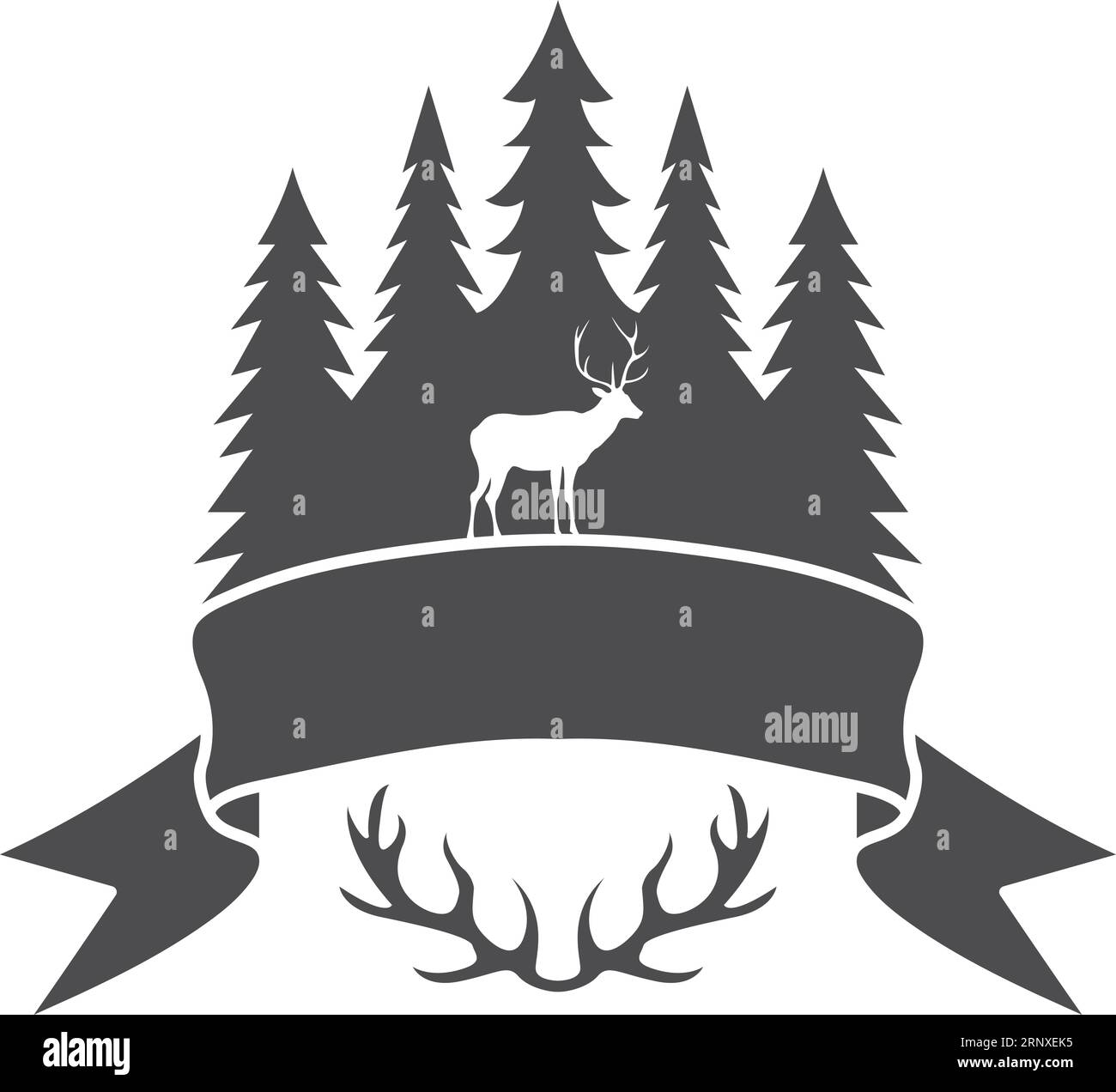 Forêt avec logo noir de cerf. Badge de club de chasse Illustration de Vecteur