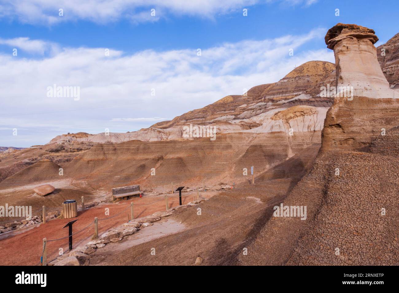 Hoodoos dans les Badlands canadiens en Alberta, Canada. À l'est de Drumheller, le sentier Hoodoo Drive est nommé d'après ces formations rocheuses aux formes bizarres. Banque D'Images