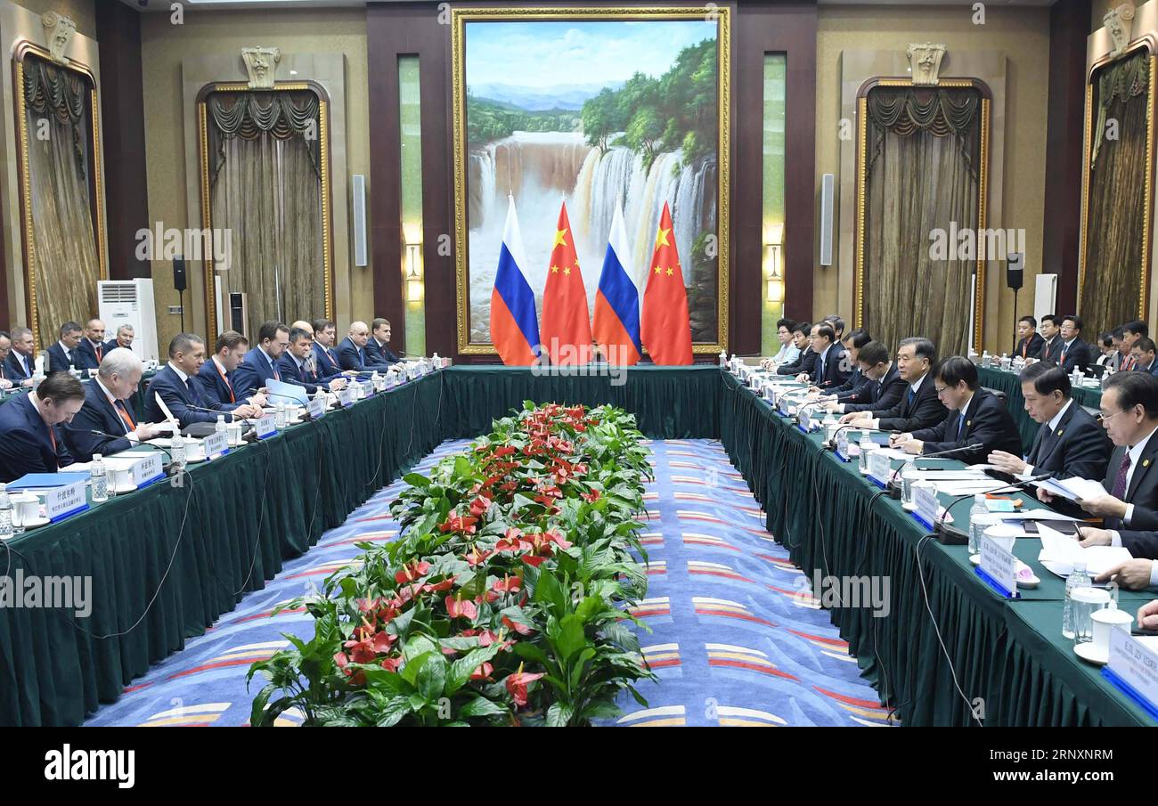 (180207) -- HARBIN, 7 février 2018 -- le vice-premier ministre chinois Wang Yang, également membre du comité permanent du bureau politique du comité central du Parti communiste chinois (PCC), et le vice-premier ministre russe Yury Trutnev, également envoyé présidentiel dans le district fédéral d'extrême-Orient de Russie, assister à une réunion de la Commission intergouvernementale pour la coopération du Nord-est de la Chine et de l extrême-Orient et de la région du Baïkal de Russie, à Harbin, capitale de la province du Heilongjiang du Nord-est de la Chine, le 7 février 2018. ) (Lb) CHINE-HARBIN-RUSSIE-WANG YANG-COOPÉRATION (CN) ZhangxDuo PUBLICATIONxN Banque D'Images