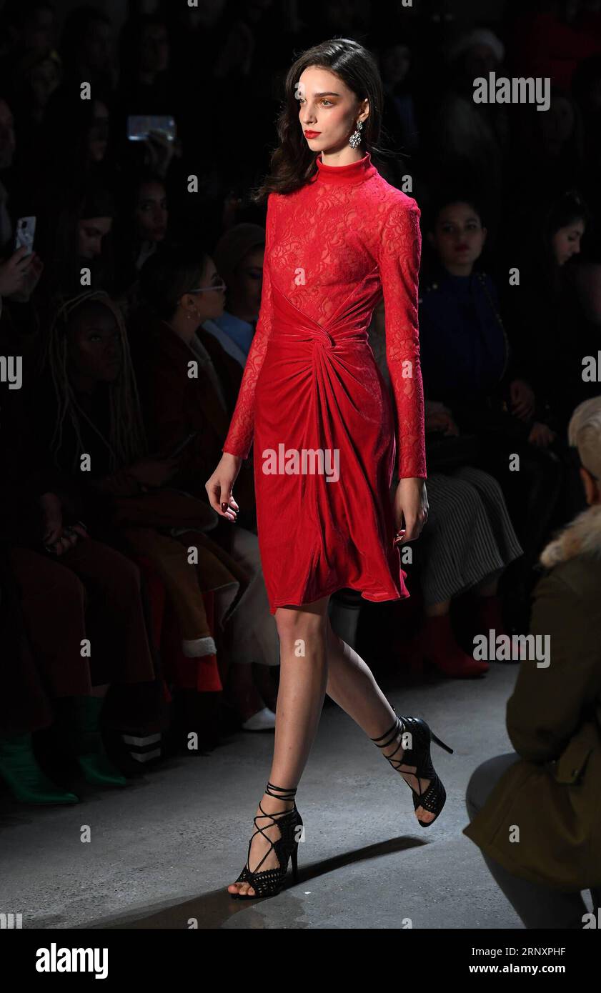 (180209) -- NEW YORK, 9 février 2018 -- Un mannequin présente une création de Tadashi Shoji lors de la Fashion week 2018 à New York, aux États-Unis, le 8 février 2018. New York Fashion week 2018, du 8 au 14 février, a été ouvert ici jeudi. ) (YY) États-Unis-NEW YORK-OUVERTURE DE LA SEMAINE DE LA MODE LixRui PUBLICATIONxNOTxINxCHN Banque D'Images