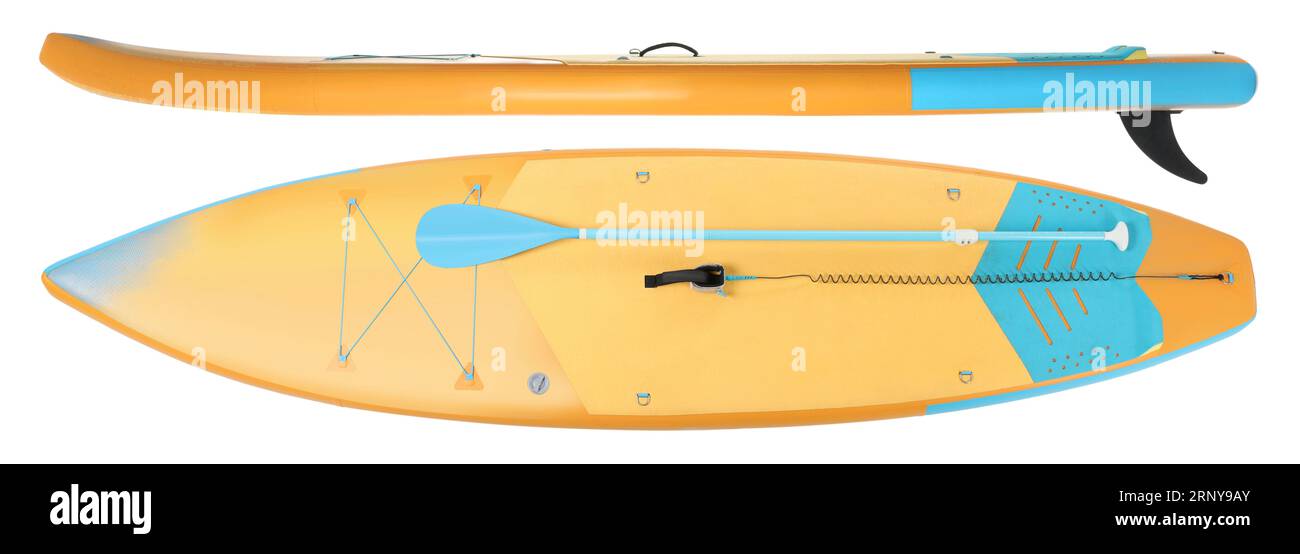 Collage avec planche SUP avec paddle isolé sur blanc, différents côtés Banque D'Images
