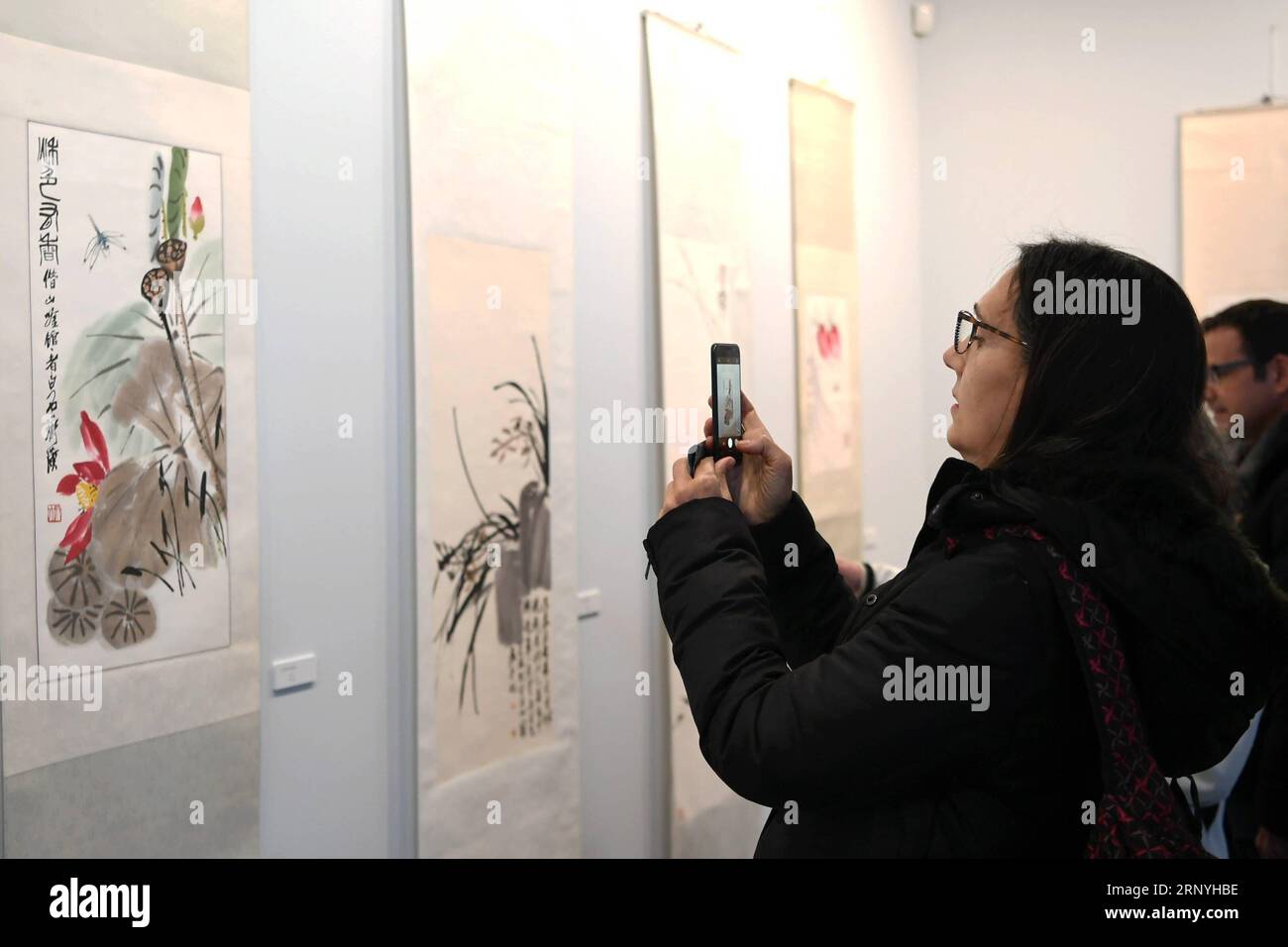 (180321) -- MALAGA, le 21 mars 2018 -- Un visiteur prend une photo de l'œuvre de l'artiste chinois Qi Baishi lors d'une exposition à Malaga, Espagne, le 20 mars 2018.) (rh) ESPAGNE-MALAGA-EXPOSITION GuoxQiuda PUBLICATIONxNOTxINxCHN Banque D'Images