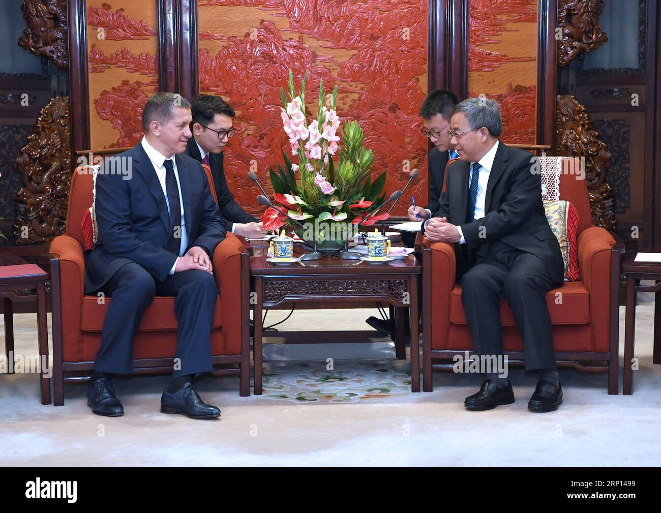 (180608) -- PÉKIN, le 8 juin 2018 -- le vice-premier ministre chinois Hu Chunhua rencontre le vice-premier ministre russe Yury Trutnev, également envoyé présidentiel dans le district fédéral d extrême-Orient de la Russie, à Pékin, capitale de la Chine, le 8 juin 2018. )(MCG) CHINA-BEIJING-HU CHUNHUA-RUSSIAN VICE-PM-MEETING (CN) RAOXAIMIN PUBLICATIONXNOTXINXCHN Banque D'Images