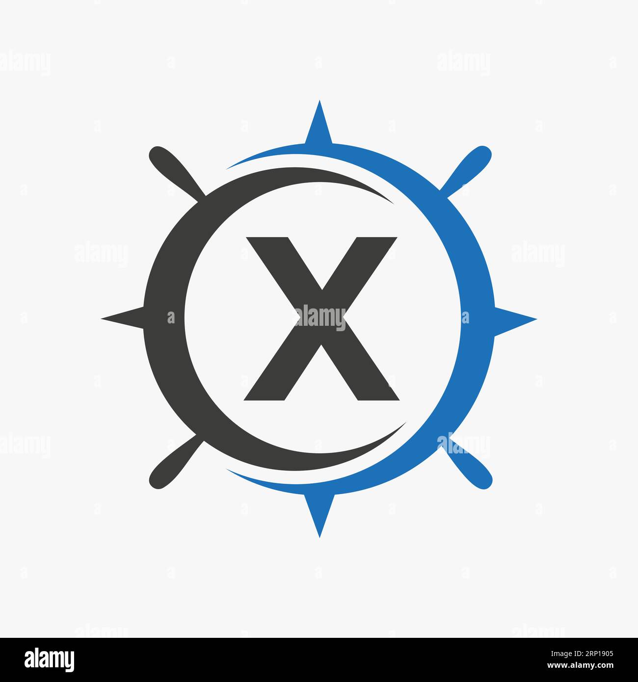 Concept de logo de navire de lettre X avec modèle de vecteur de signe de roue de navire Illustration de Vecteur