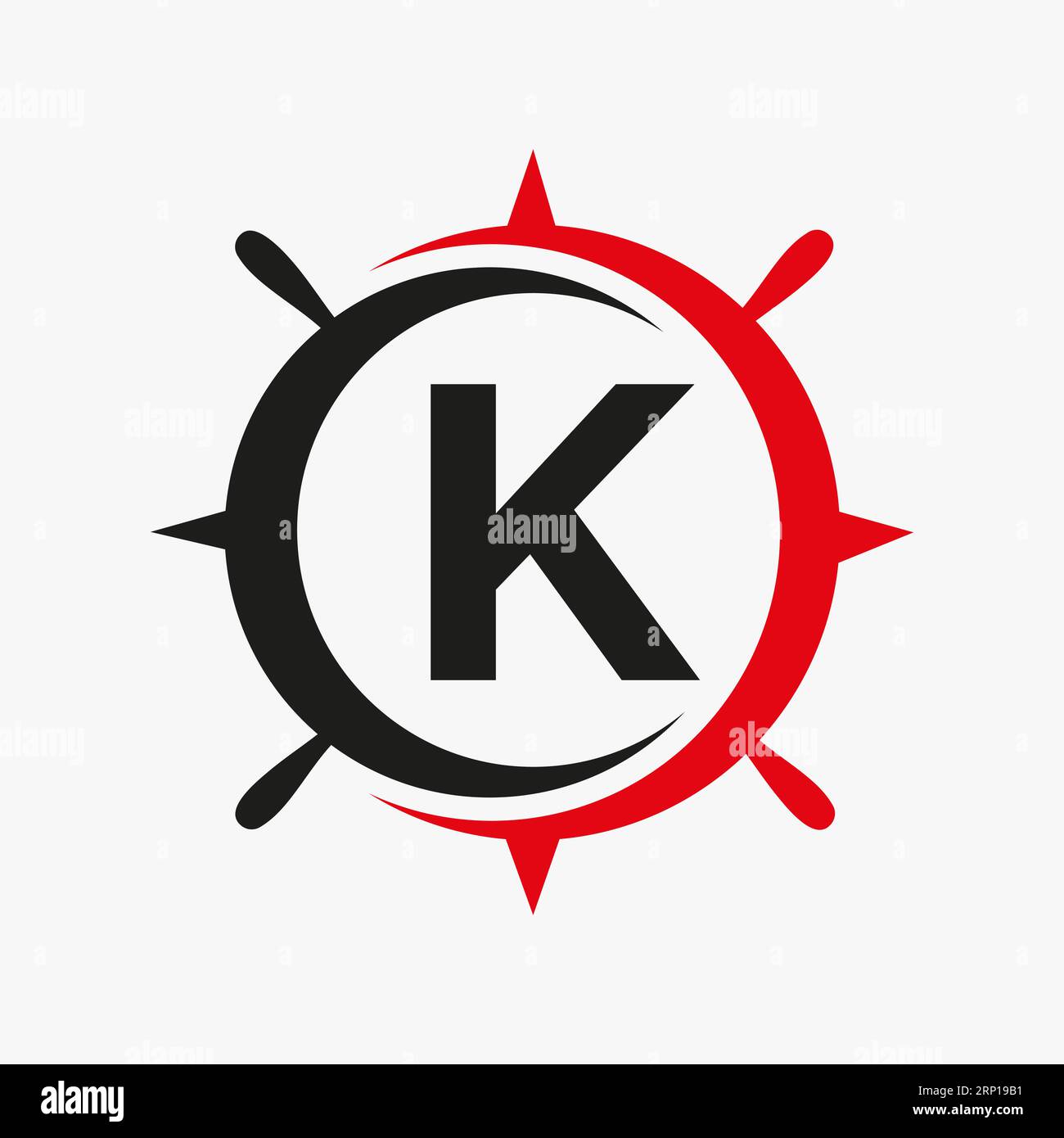 Concept de logo de navire de lettre K avec modèle de vecteur de signe de roue de navire Illustration de Vecteur