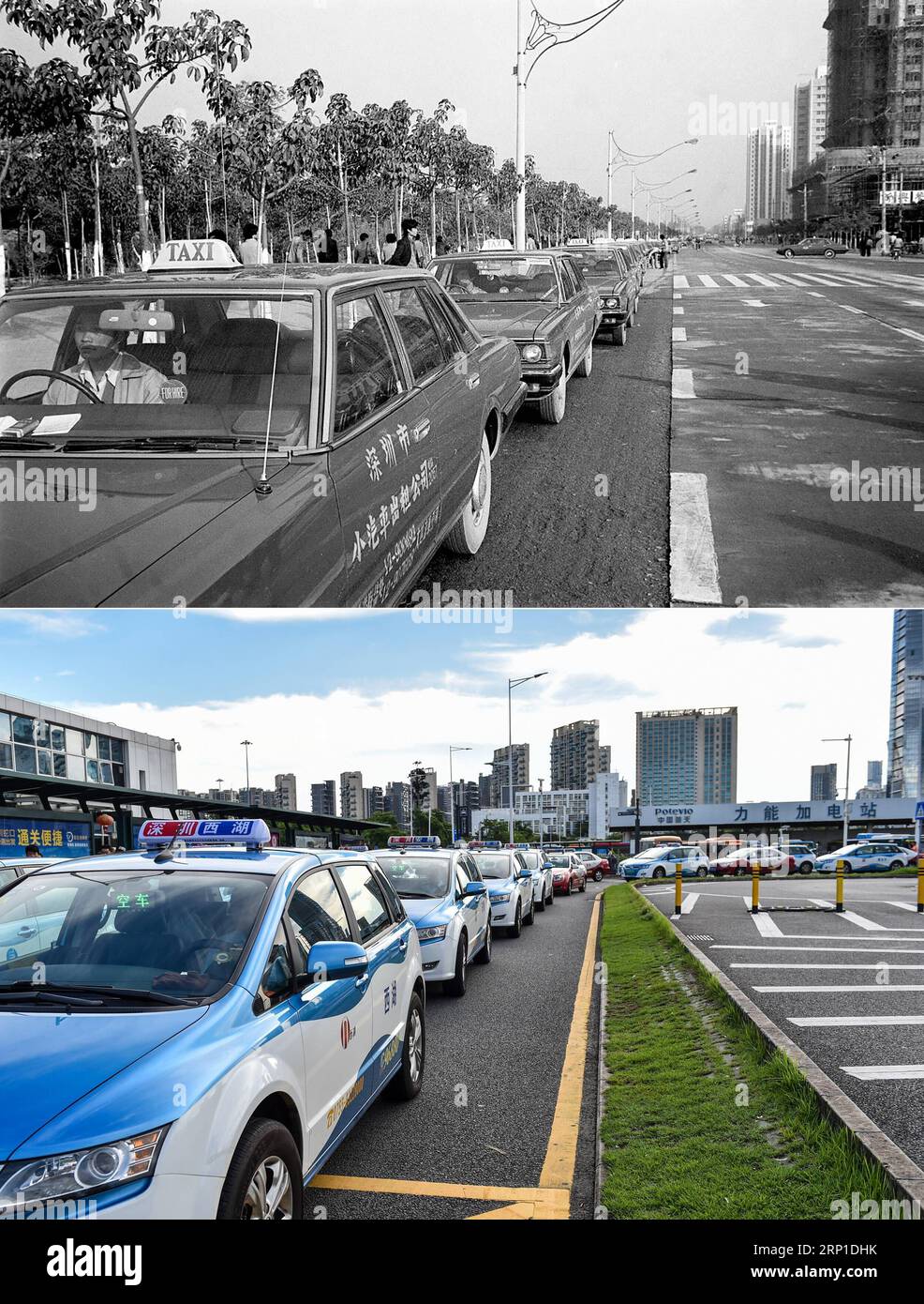 (180628) -- SHENZHEN, 28 juin 2018 -- la partie supérieure (fichier) de cette photo combinée prise par Chen Xuesi montre des taxis à Shenzhen, dans la province du Guangdong du sud de la Chine. La partie inférieure de la photo combinée prise par le 24 juin 2018 montre des taxis électriques à Shenzhen. En avril, le nombre de taxis électriques à Shenzhen a dépassé 13 000. Cette année marque le 40e anniversaire de la politique de réforme et d ouverture de la Chine. Au cours des quatre dernières décennies, Shenzhen est passée d'un petit village de pêcheurs à une métropole. (MCG) CHINE-GUANGDONG-SHENZHEN-DÉVELOPPEMENT-COMPARAISON (CN) MaoxSiqian PUBLICATIONxNOTxINxC Banque D'Images