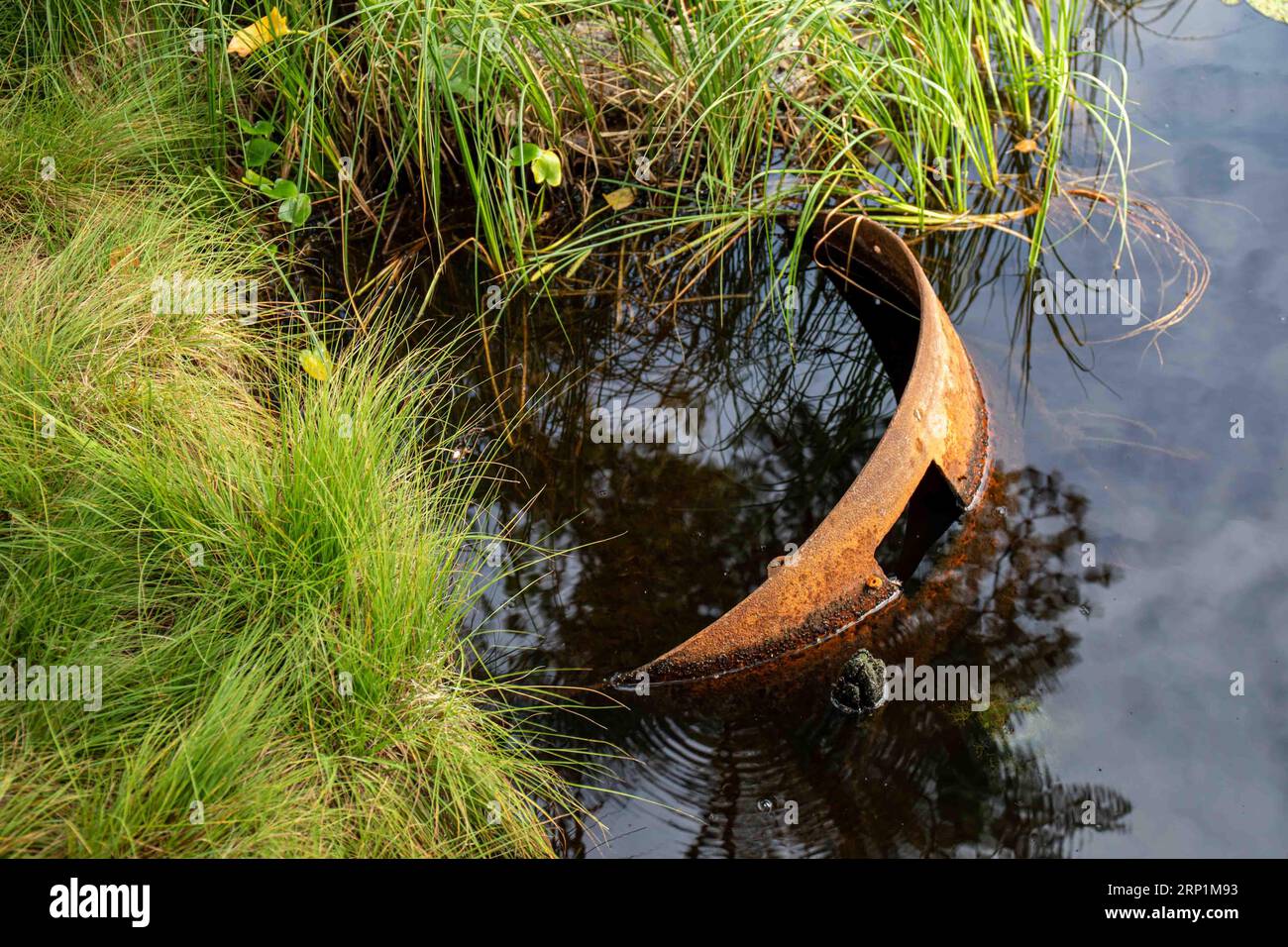 Vieux tambour en métal rouillé dans l'étang de Kruunuvuori dans le district de Laajasalo à Helsinki, Finlande Banque D'Images