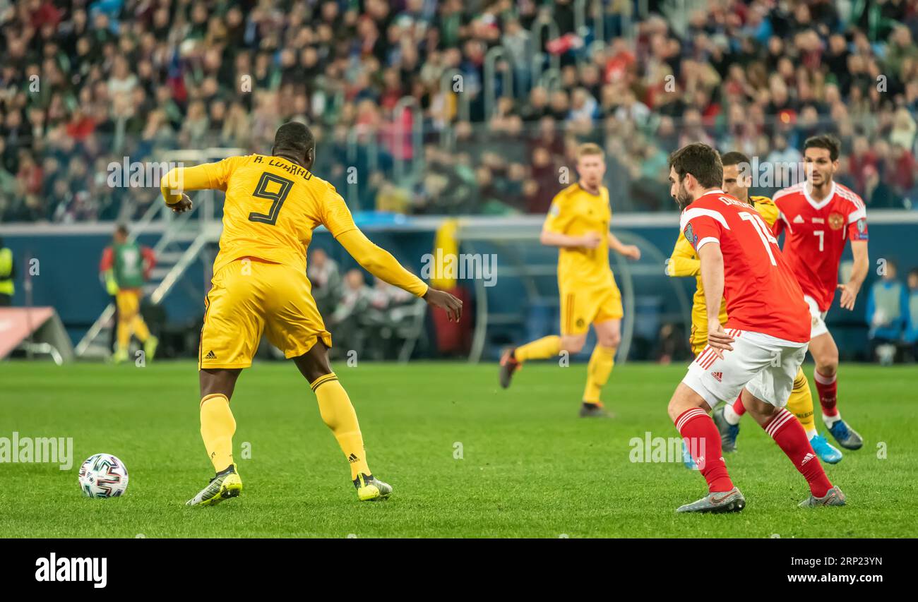 Saint-Pétersbourg, Russie – 16 novembre 2019. L'attaquant de l'équipe nationale de football belge Romelu Lukaku lors de la qualification à l'UEFA Euro 2020 correspond à la Russie contre Banque D'Images