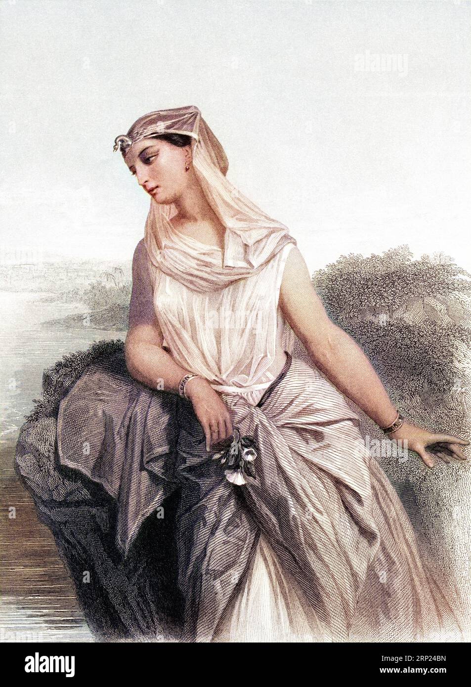 Caractère biblique de la fille de Pharaon mentionné dans le Livre de l'Exode. Vieille illustration colorée gravée du 19e siècle de Mugeres de la Biblia par Joaquin Roca y Cornet 1862 Banque D'Images