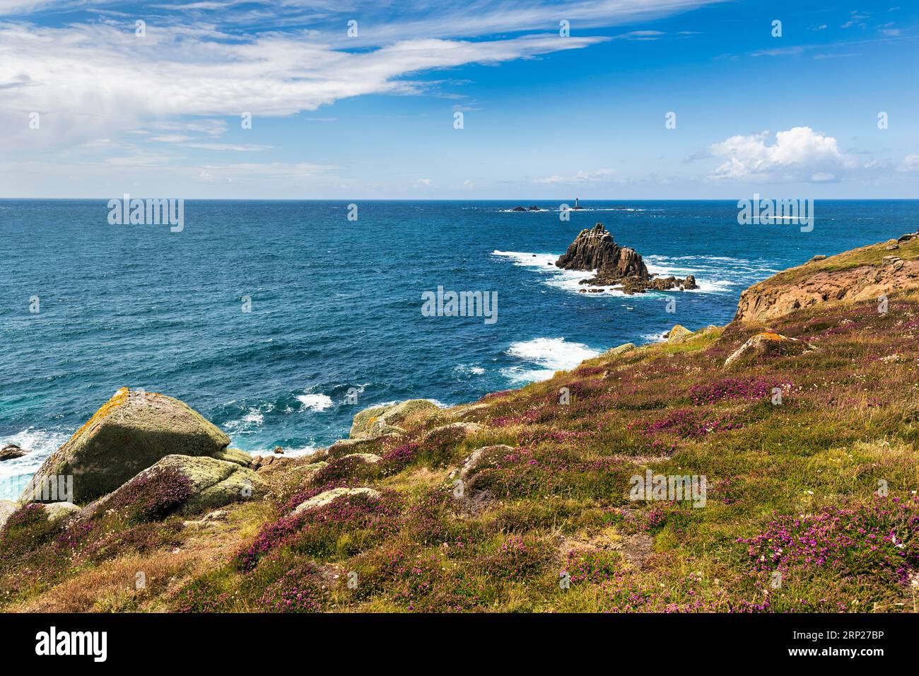 Côte, fleurs de bruyère sur la côte atlantique, vue sur le chemin de la côte sud-ouest, ciel bleu en été, Headland LANd's End, Lands End, Penzance Banque D'Images
