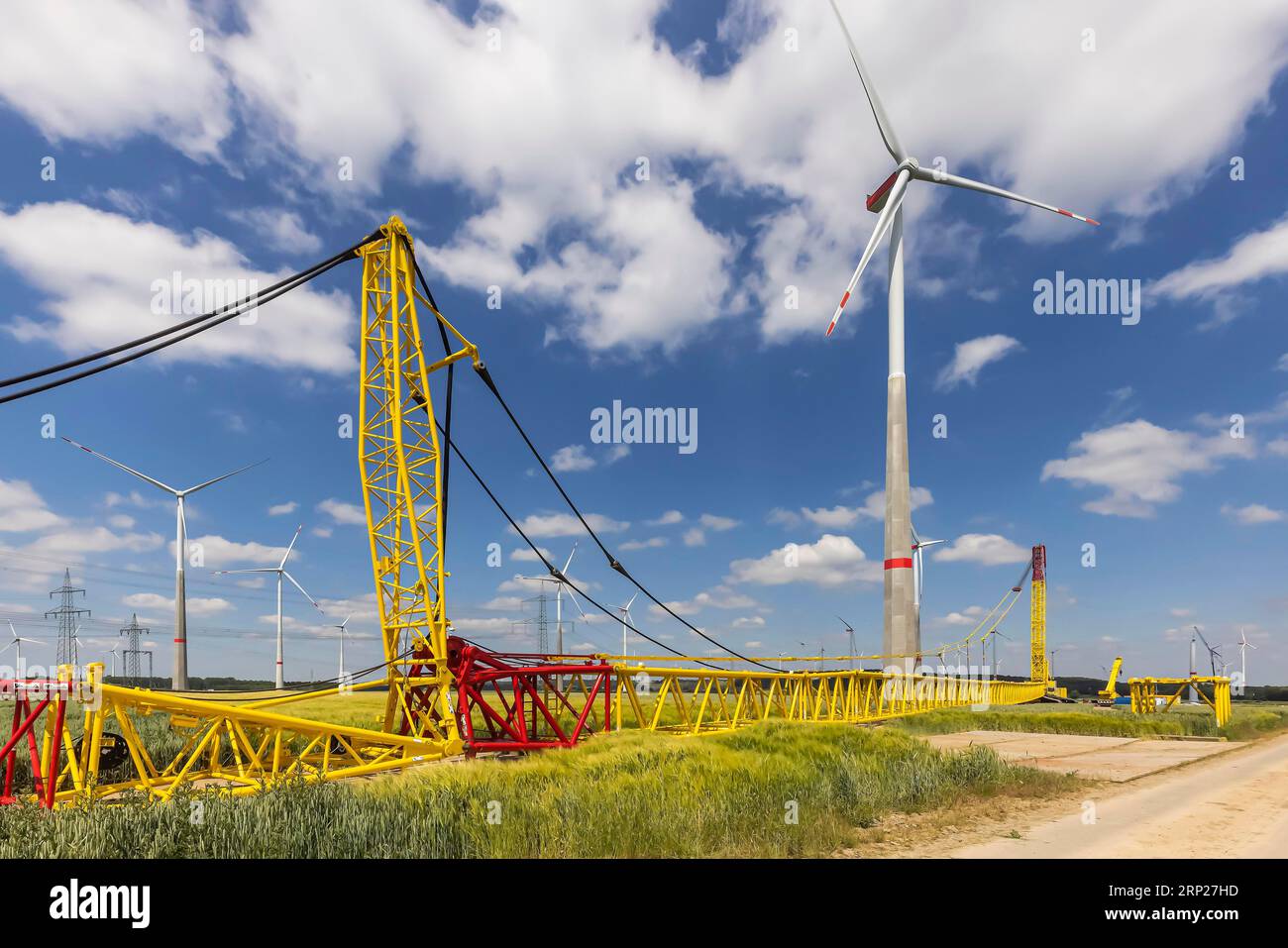 Parc éolien de Sintfeld, grue spéciale Liebherr devant la nouvelle bordure du vent, plateau entre Bad Wuennenberg et le quartier Marsberg de Meerhof, site de Banque D'Images