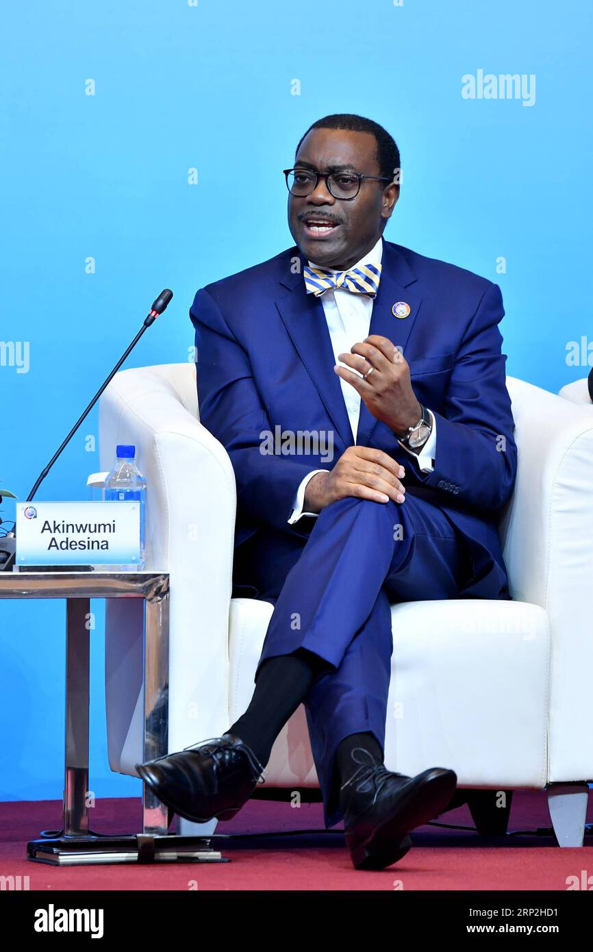 (180904) -- BEIJING, 4 septembre 2018 -- Akinwumi Adesina, président de la Banque africaine de développement, s’exprime lors d’une table ronde sur le thème améliorer la coopération en matière d’infrastructures pour le développement durable lors du dialogue de haut niveau entre dirigeants et représentants des entreprises chinois et africains, ainsi que la sixième Conférence des entrepreneurs chinois et africains, à Beijing, capitale de la Chine, le 4 septembre 2018. )(mp) CHINA-BEIJING-FOCAC-DIALOGUE-PANEL (CN) LixXin PUBLICATIONxNOTxINxCHN Banque D'Images